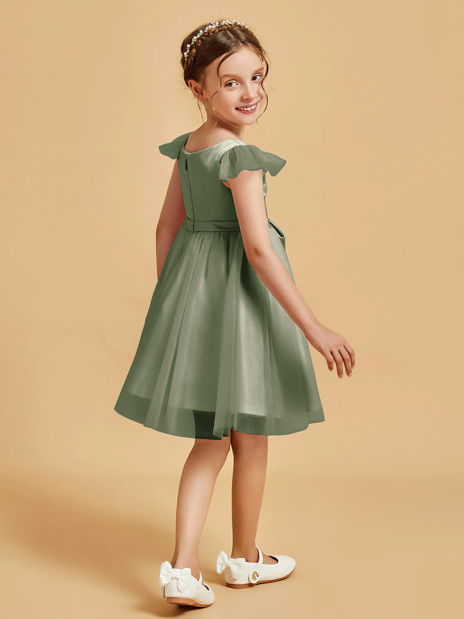 Flutter Sleeve Girl's Short Dress With Bow Dusty Sage - Image 2