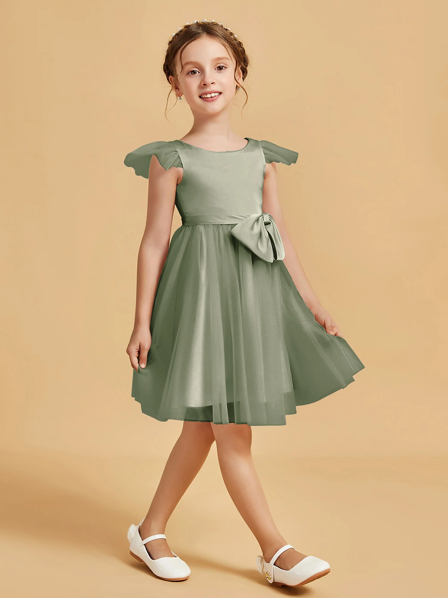 Flutter Sleeve Girl's Short Dress With Bow Dusty Sage - Image 3