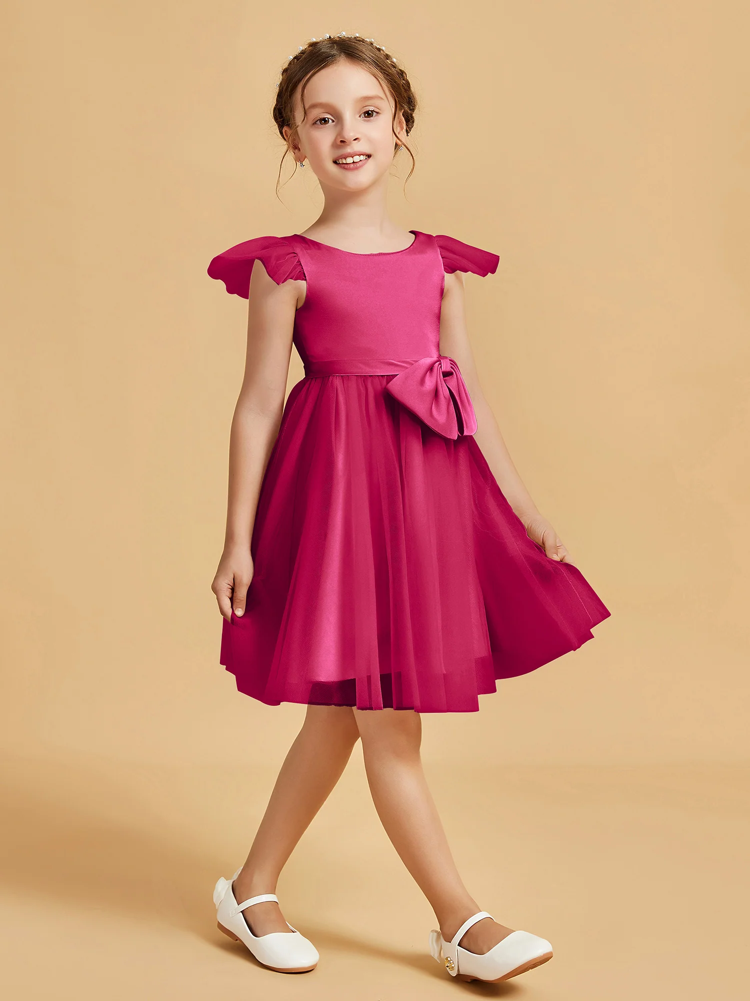 Flutter Sleeve Girl's Short Dress With Bow Fuchsia - Image 3