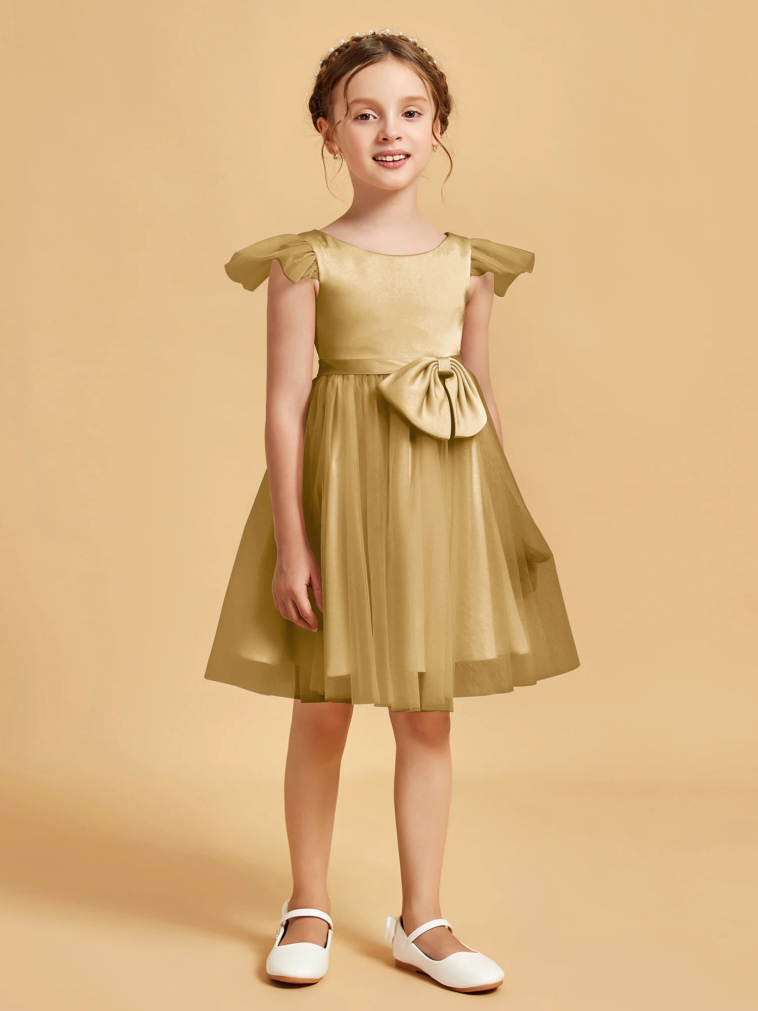Flutter Sleeve Girl's Short Dress With Bow Gold
