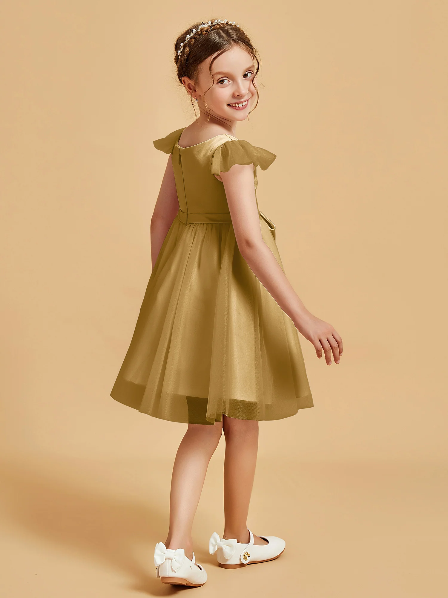 Flutter Sleeve Girl's Short Dress With Bow Gold - Image 2