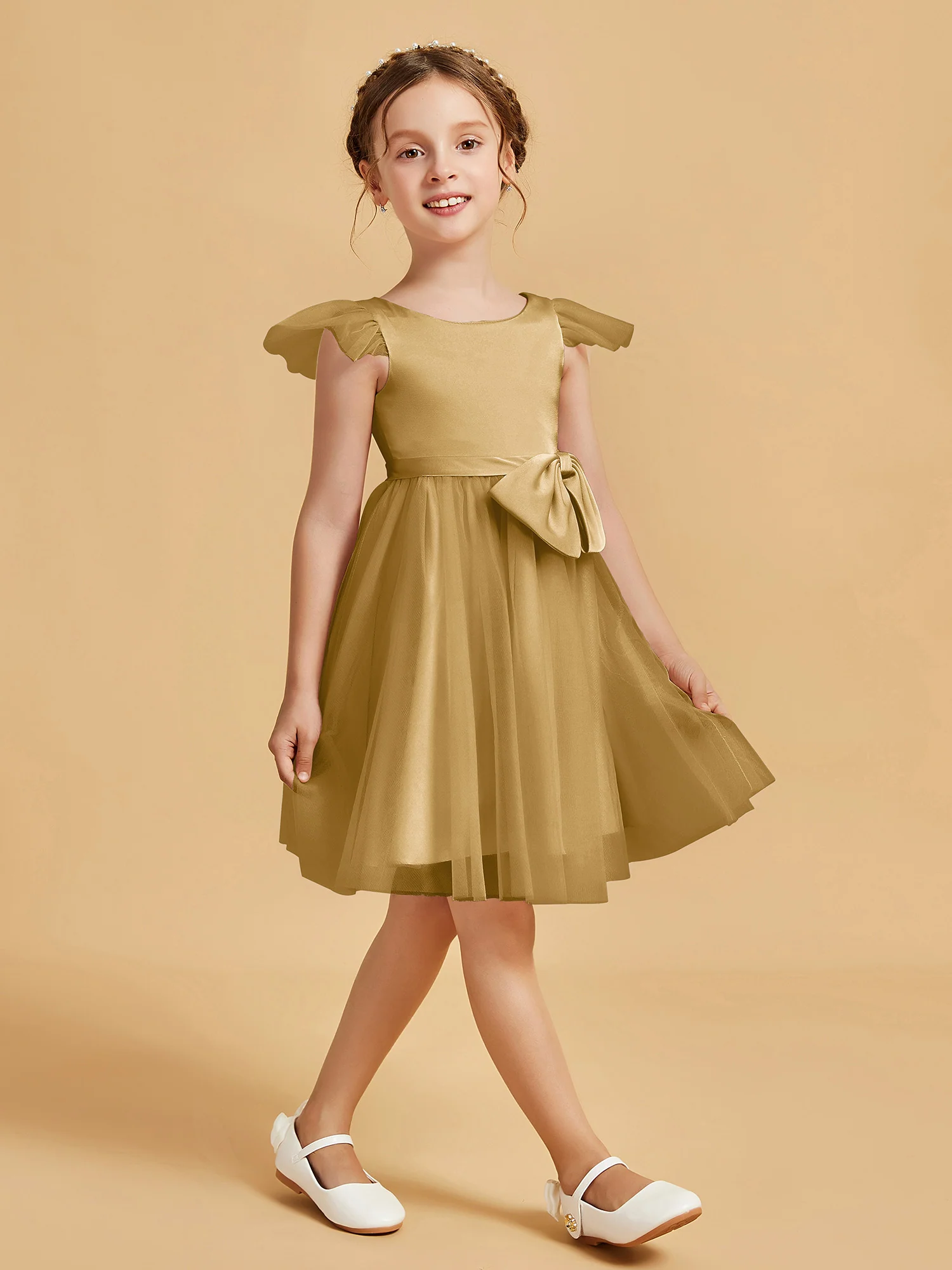 Flutter Sleeve Girl's Short Dress With Bow Gold - Image 3