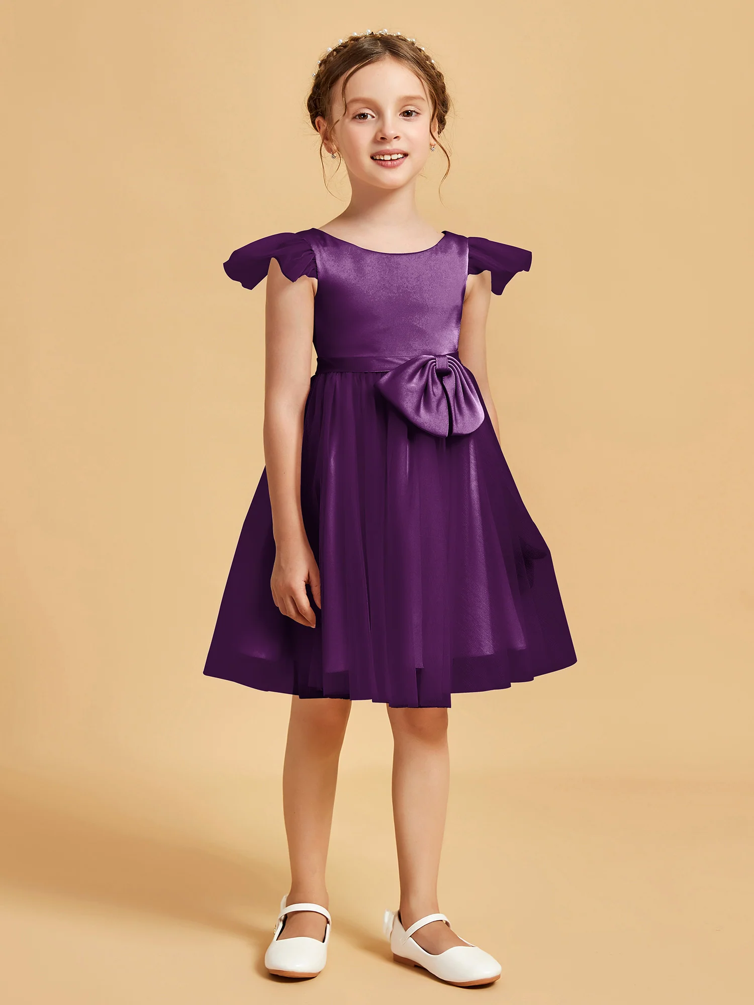 Flutter Sleeve Girl's Short Dress With Bow Grape