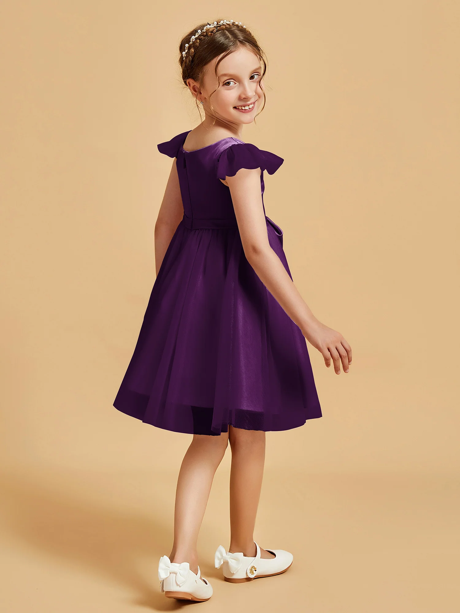 Flutter Sleeve Girl's Short Dress With Bow Grape - Image 2