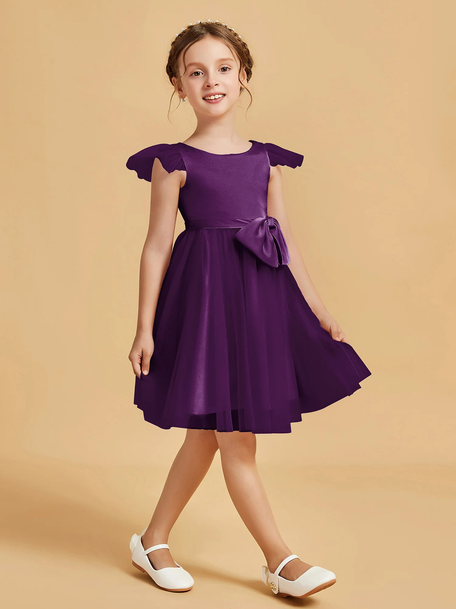 Flutter Sleeve Girl's Short Dress With Bow Grape - Image 3