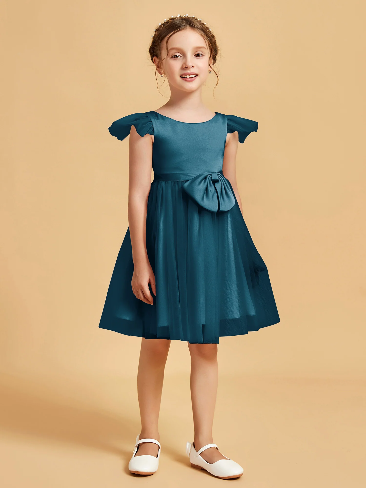 Flutter Sleeve Girl's Short Dress With Bow Ink Blue