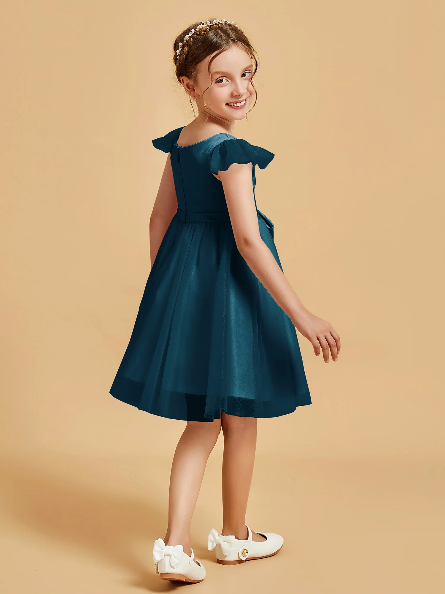 Flutter Sleeve Girl's Short Dress With Bow Ink Blue - Image 2