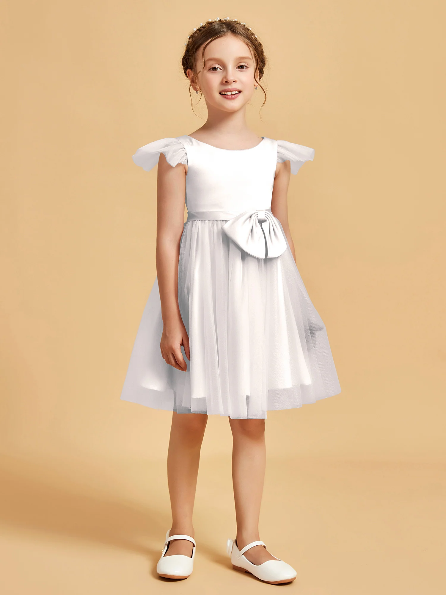 Flutter Sleeve Girl's Short Dress With Bow Ivory