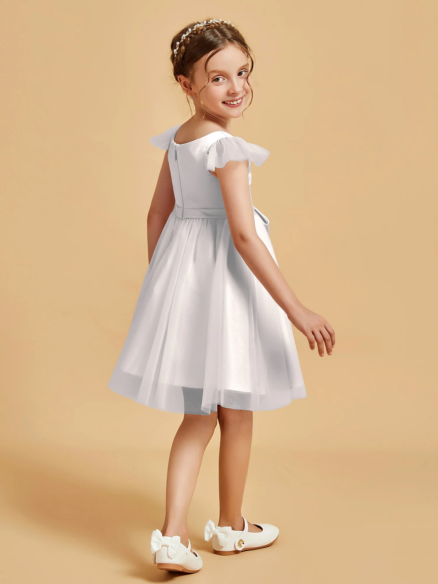 Flutter Sleeve Girl's Short Dress With Bow Ivory - Image 2