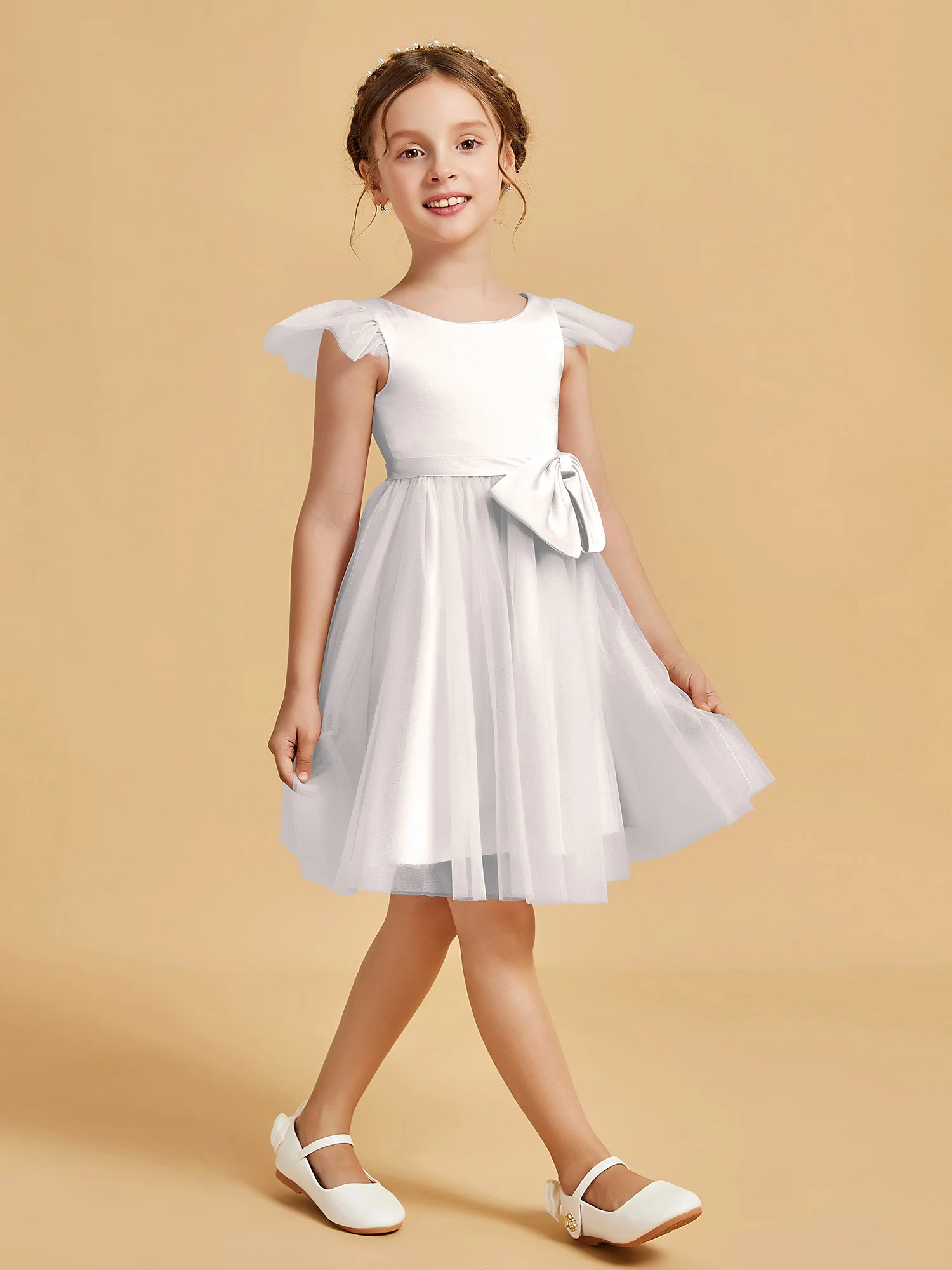 Flutter Sleeve Girl's Short Dress With Bow Ivory - Image 3