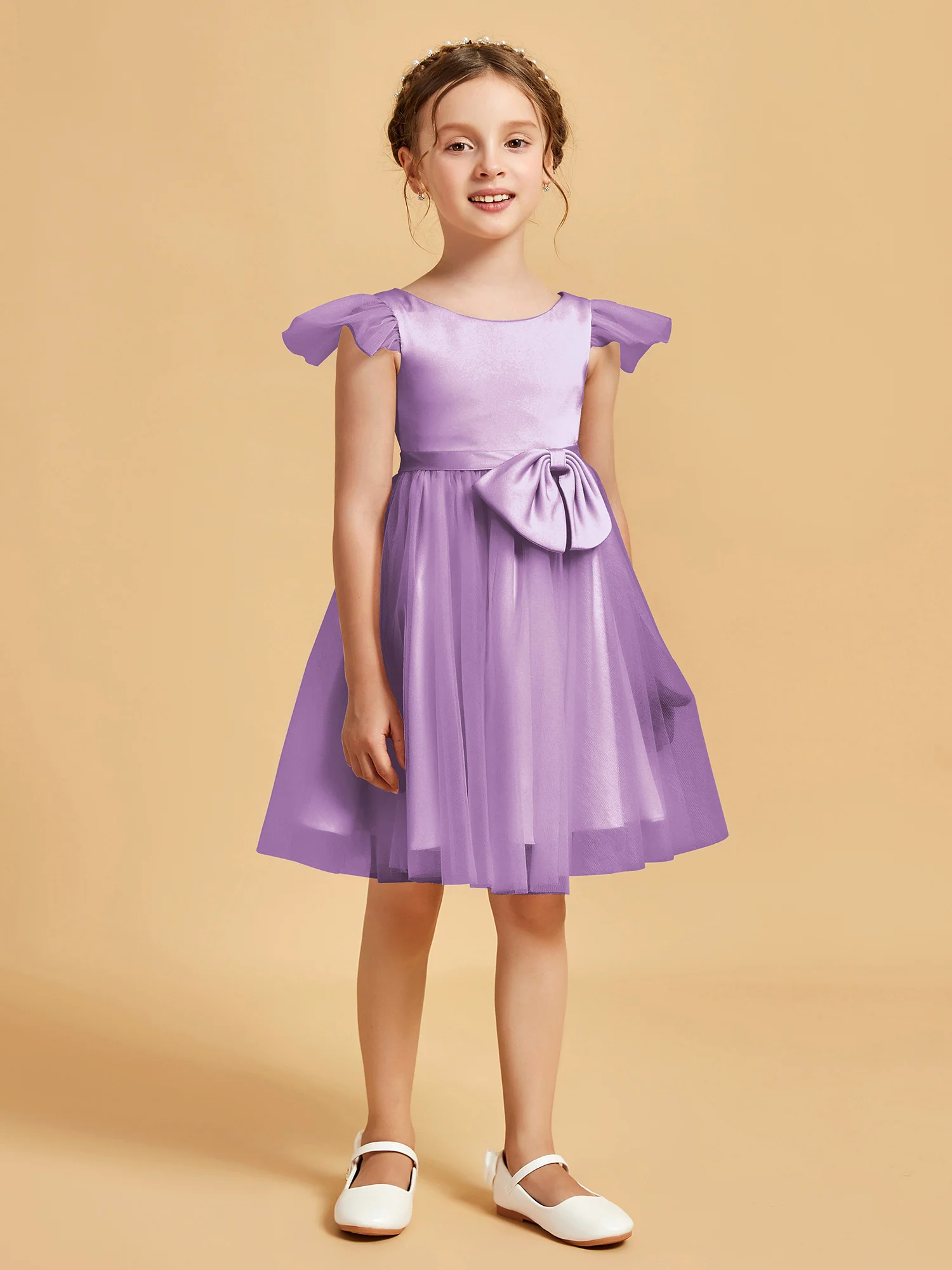 Flutter Sleeve Girl's Short Dress With Bow Lilac