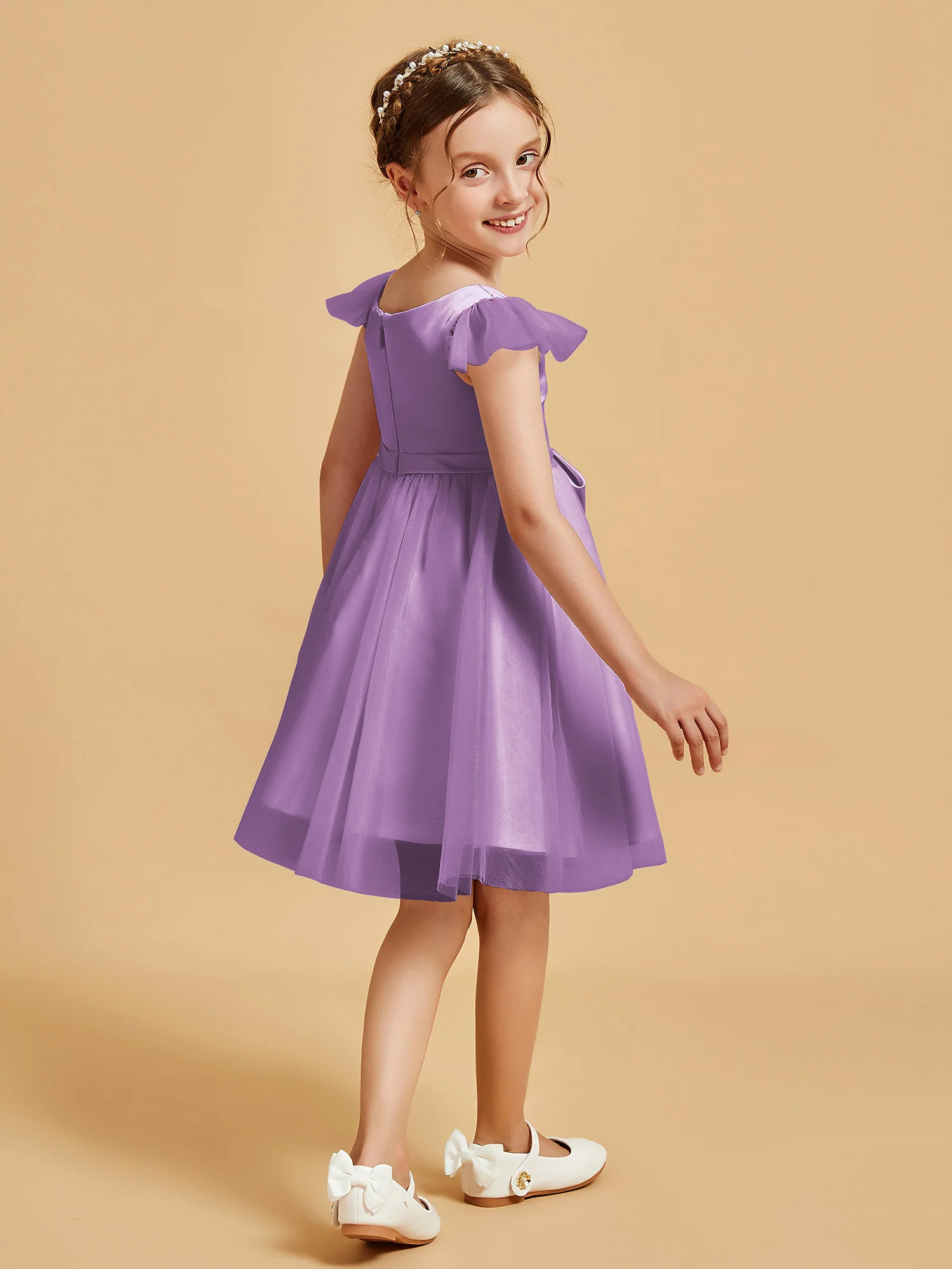 Flutter Sleeve Girl's Short Dress With Bow Lilac - Image 2