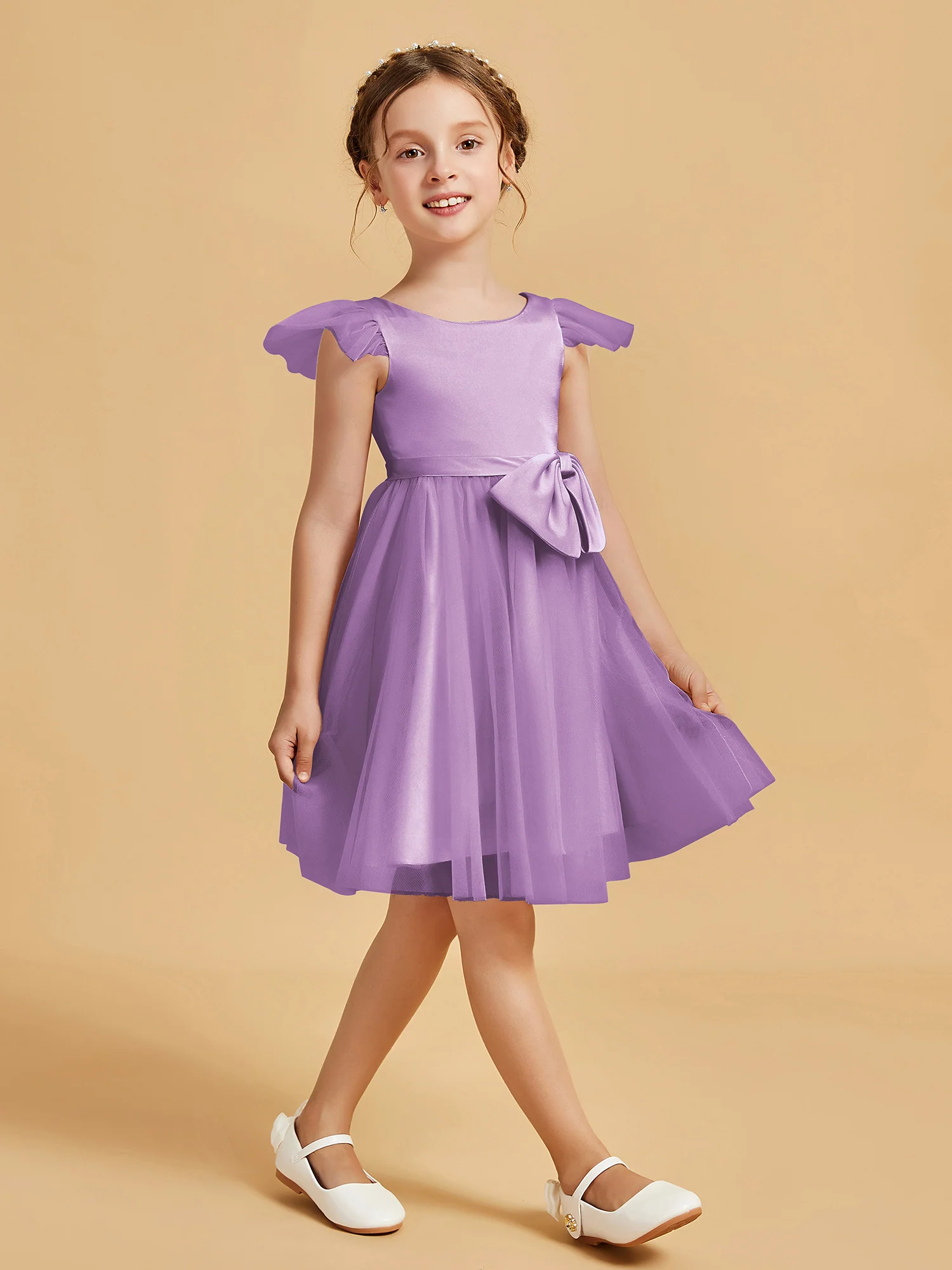 Flutter Sleeve Girl's Short Dress With Bow Lilac - Image 3