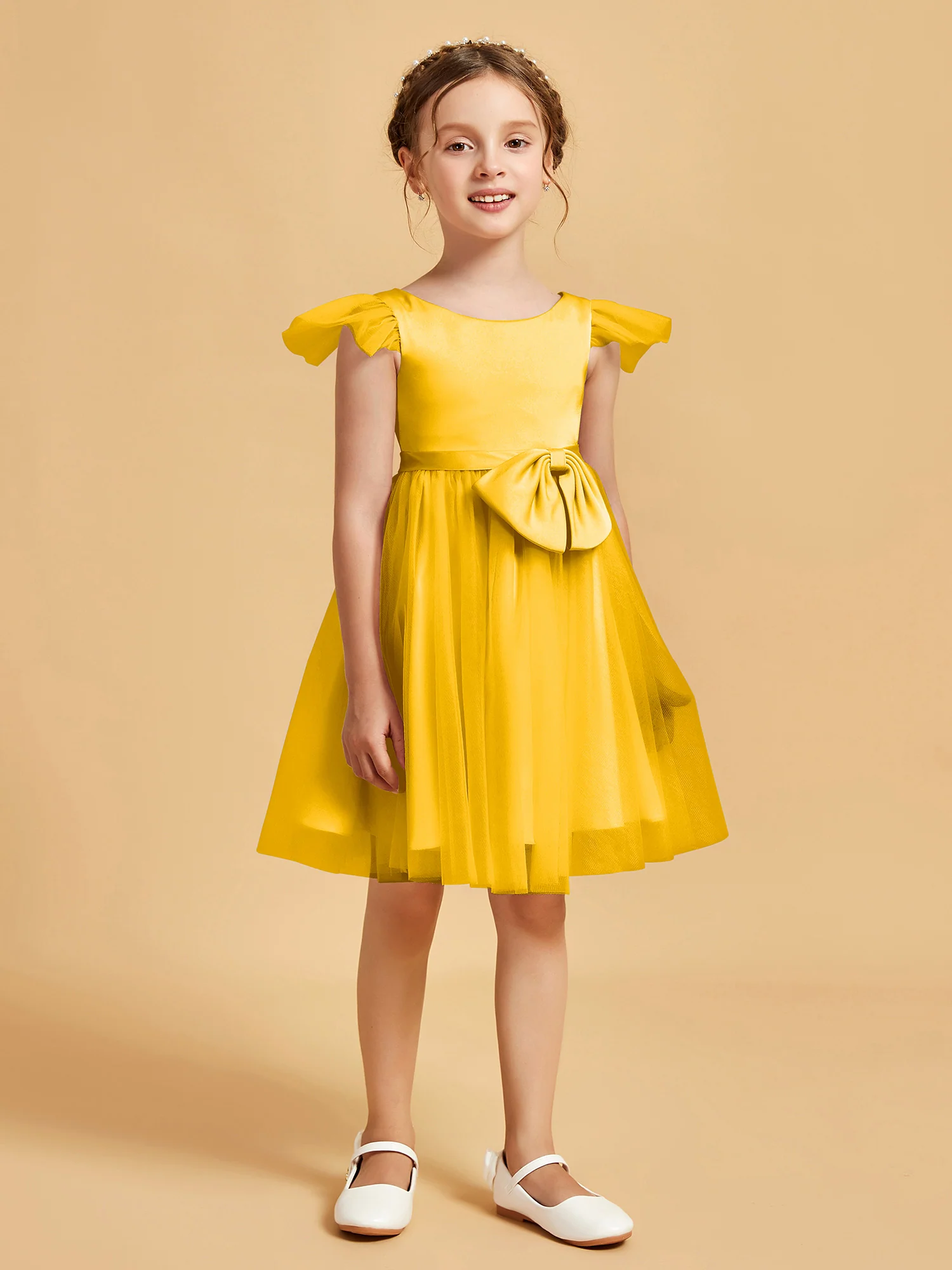 Flutter Sleeve Girl's Short Dress With Bow Marigold