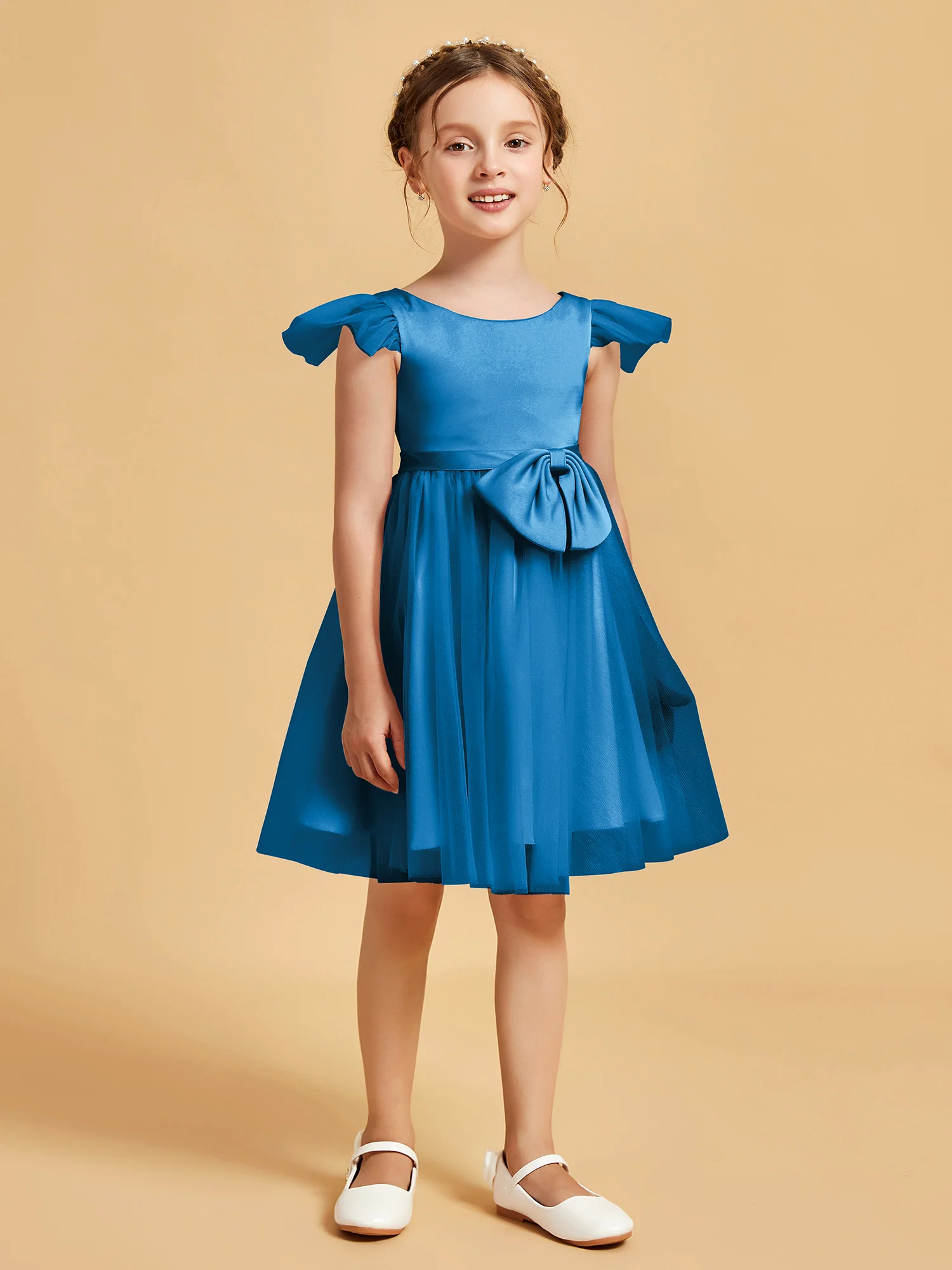 Flutter Sleeve Girl's Short Dress With Bow Ocean Blue