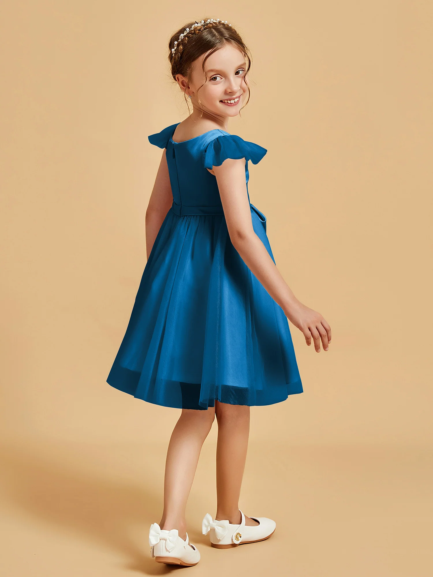 Flutter Sleeve Girl's Short Dress With Bow Ocean Blue - Image 2
