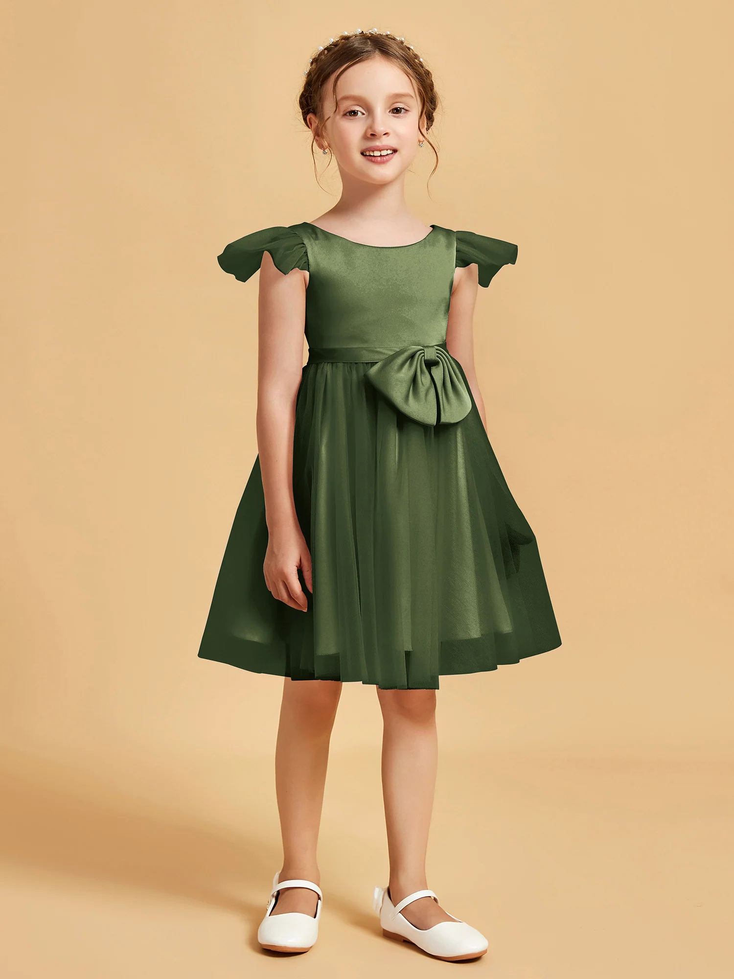 Flutter Sleeve Girl's Short Dress With Bow Olive Green
