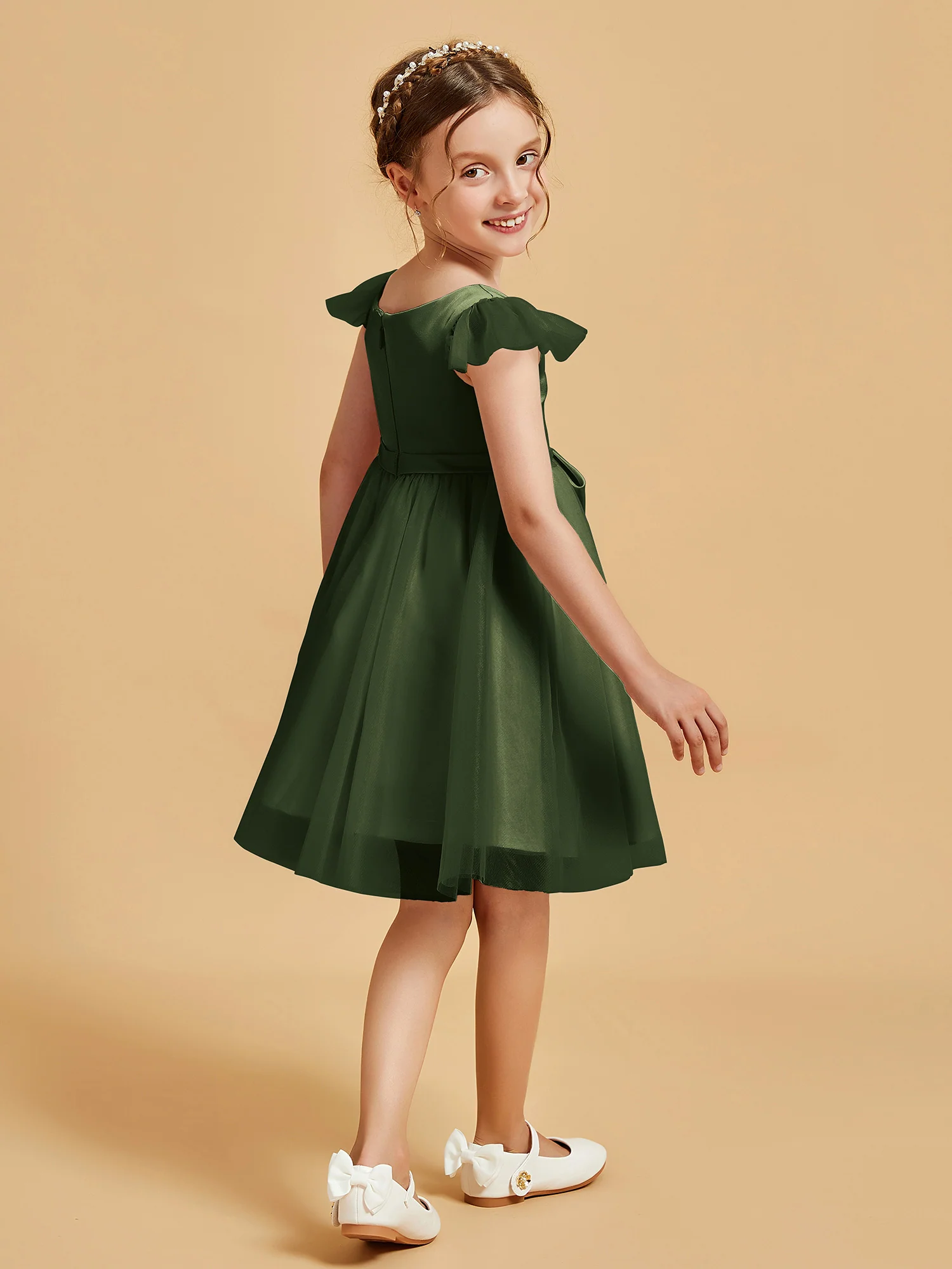 Flutter Sleeve Girl's Short Dress With Bow Olive Green - Image 2