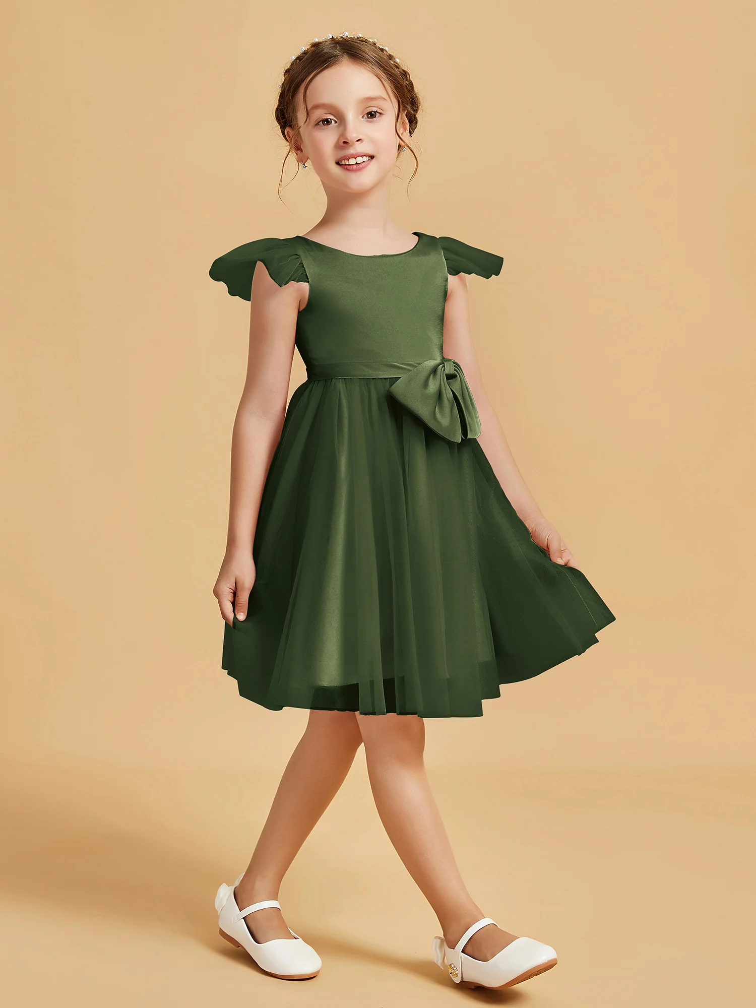 Flutter Sleeve Girl's Short Dress With Bow Olive Green - Image 3