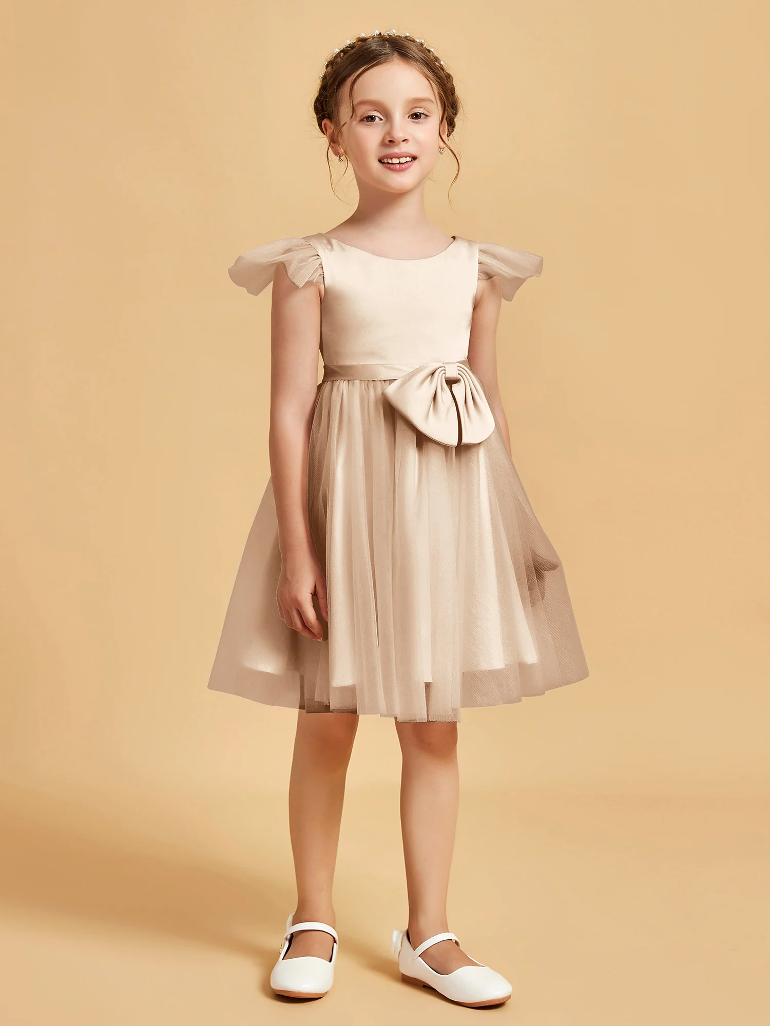 Flutter Sleeve Girl's Short Dress With Bow Peach
