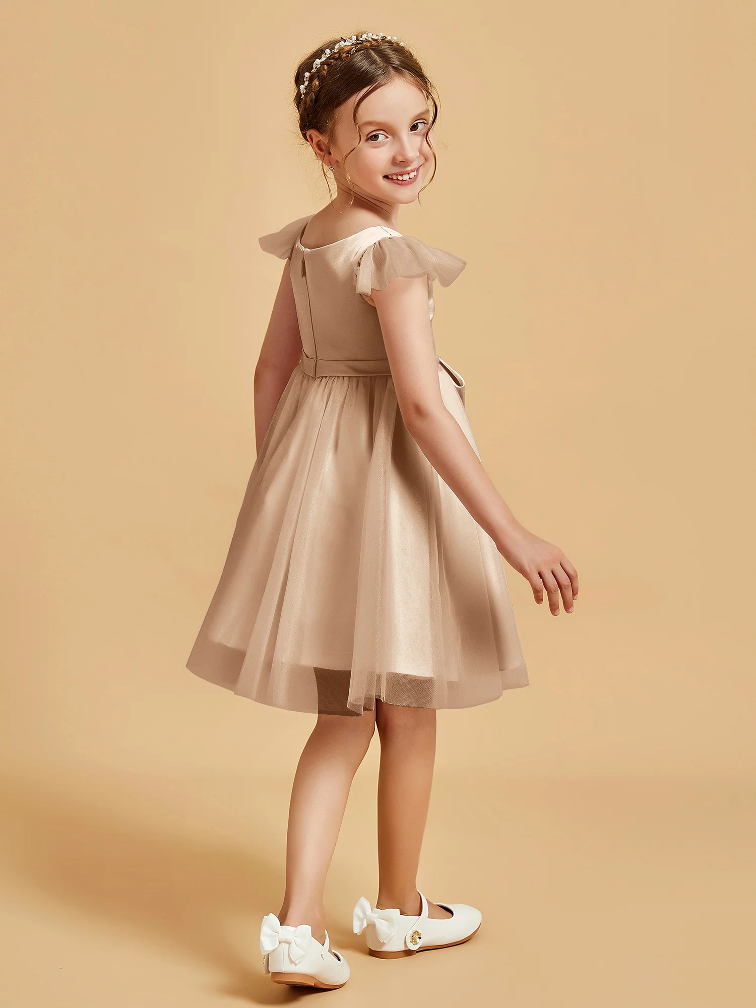 Flutter Sleeve Girl's Short Dress With Bow Peach - Image 2