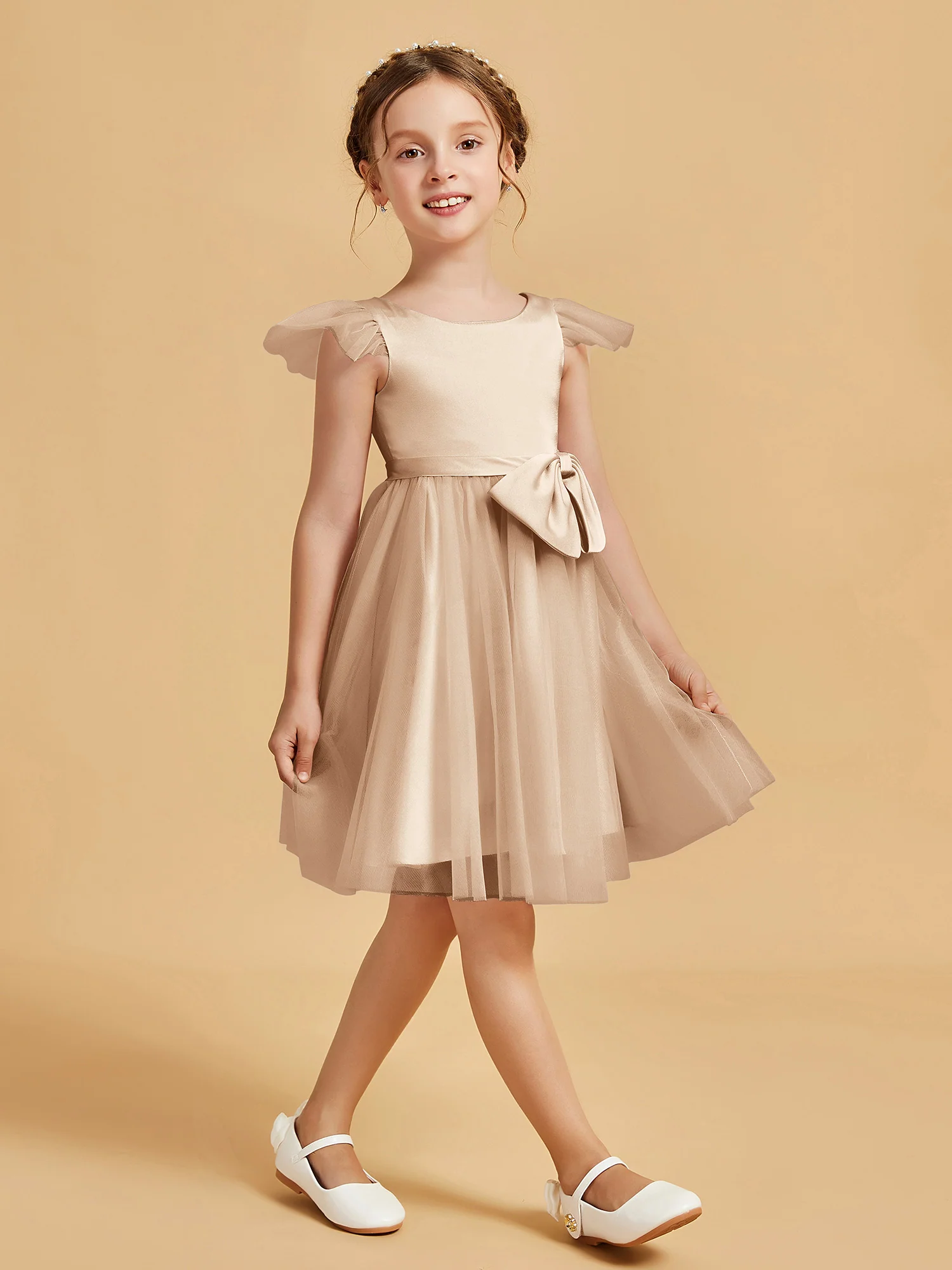 Flutter Sleeve Girl's Short Dress With Bow Peach - Image 3