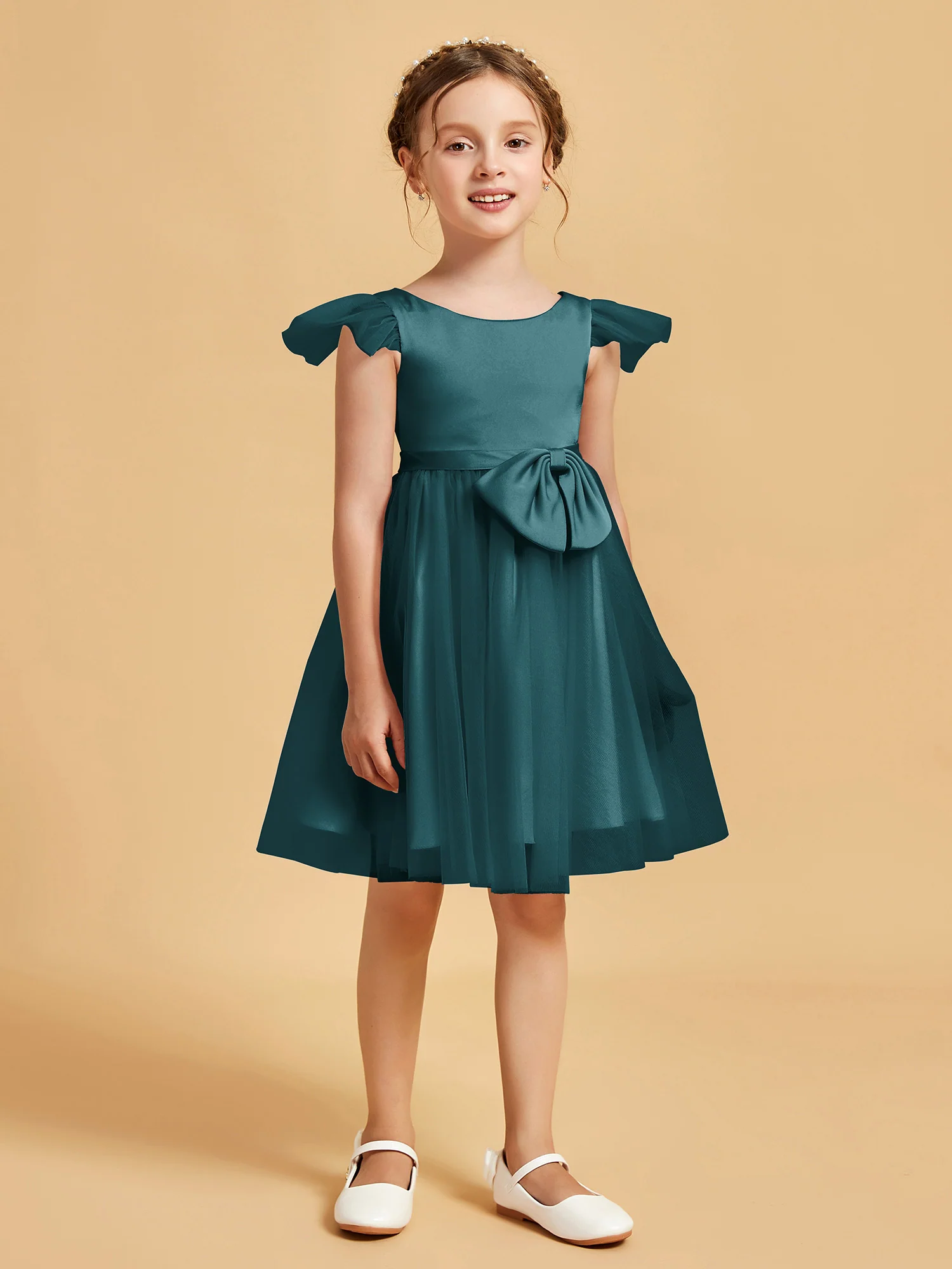 Flutter Sleeve Girl's Short Dress With Bow Peacock