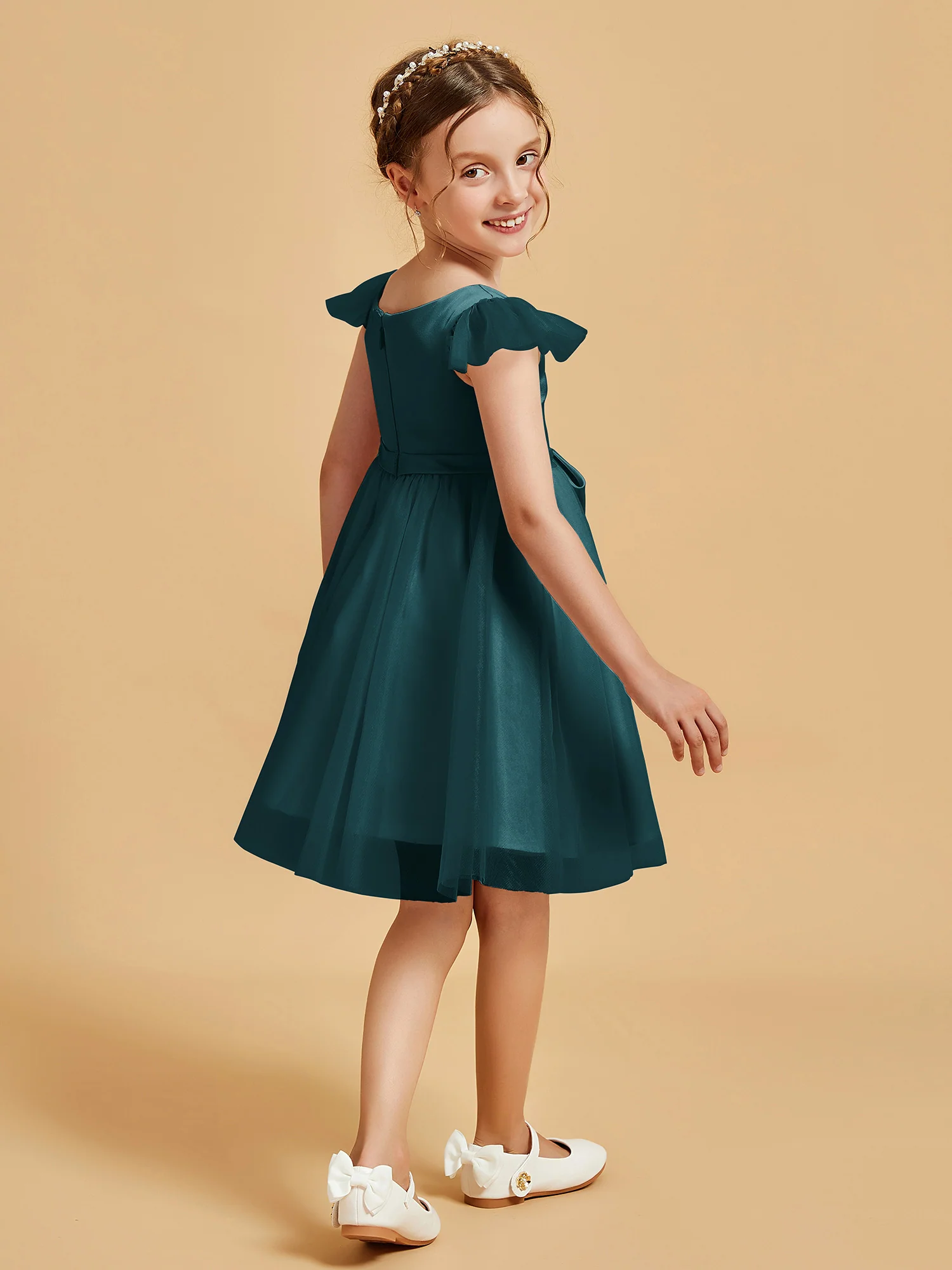 Flutter Sleeve Girl's Short Dress With Bow Peacock - Image 2