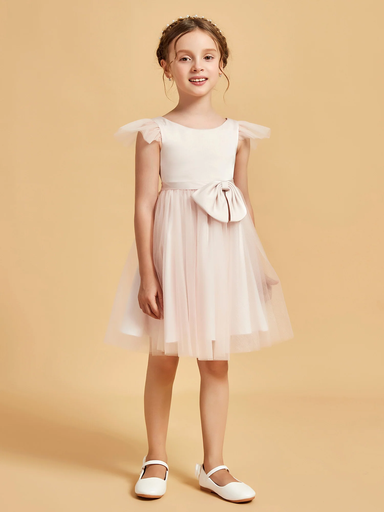 Flutter Sleeve Girl's Short Dress With Bow Rose Petal