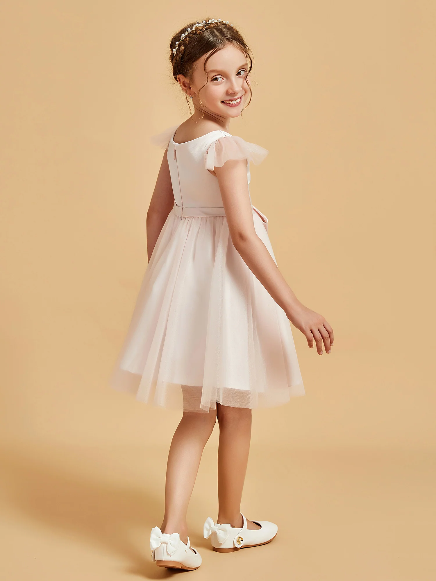 Flutter Sleeve Girl's Short Dress With Bow Rose Petal - Image 2