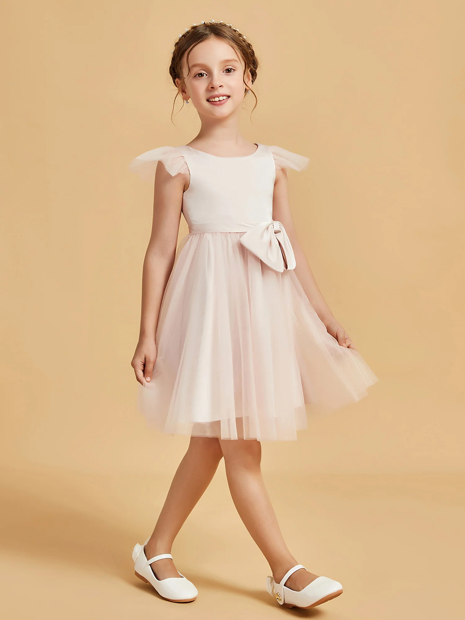 Flutter Sleeve Girl's Short Dress With Bow Rose Petal - Image 3