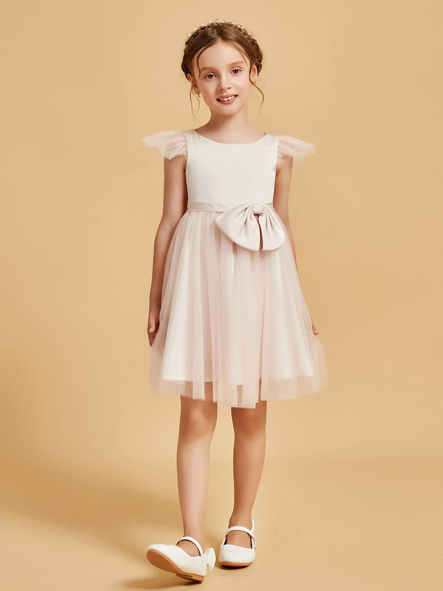 Flutter Sleeve Girl's Short Dress With Bow Rose Petal - Image 4