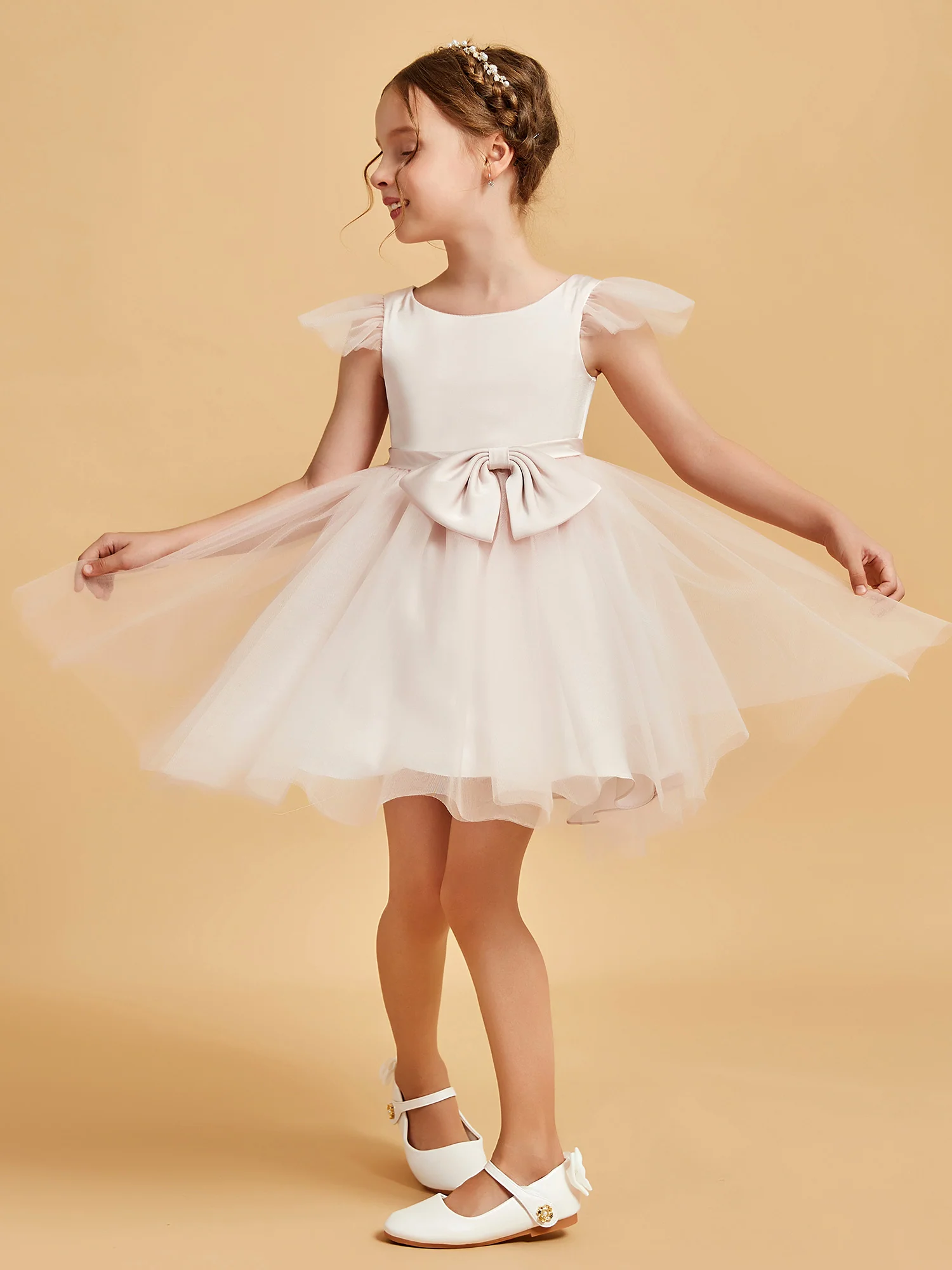 Flutter Sleeve Girl's Short Dress With Bow Rose Petal - Image 5