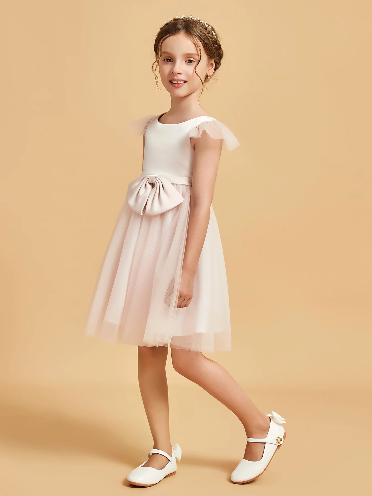 Flutter Sleeve Girl's Short Dress With Bow Rose Petal - Image 6