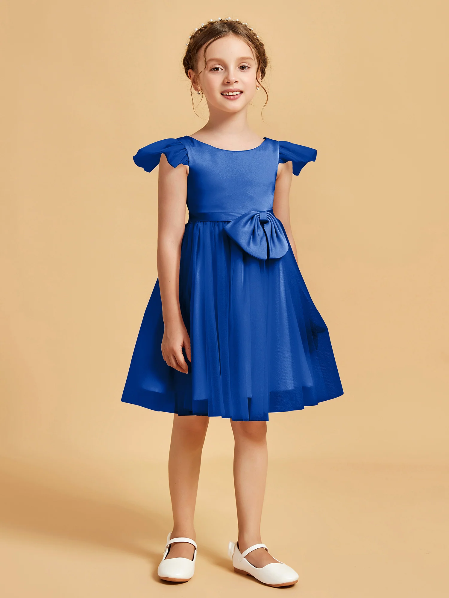Flutter Sleeve Girl's Short Dress With Bow Royal Blue