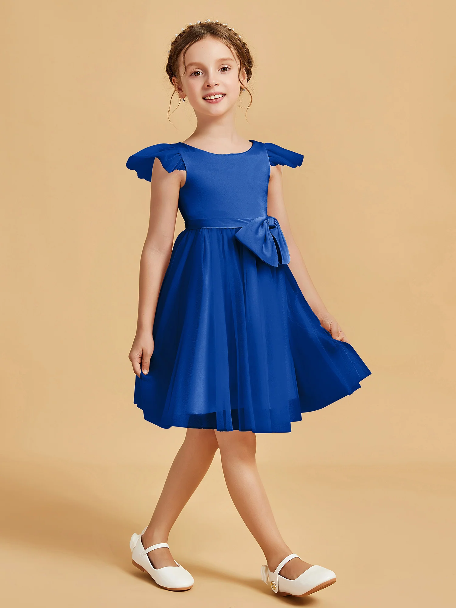 Flutter Sleeve Girl's Short Dress With Bow Royal Blue - Image 3