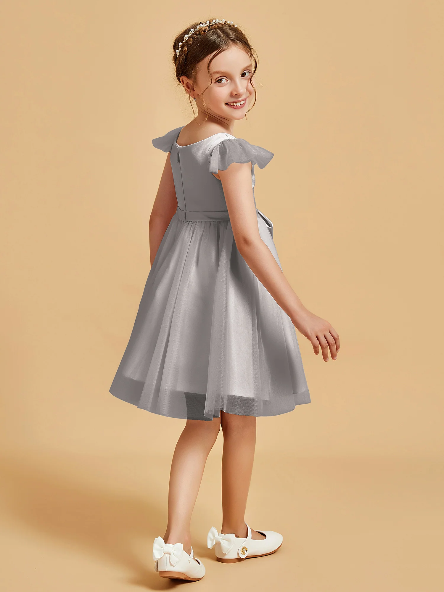 Flutter Sleeve Girl's Short Dress With Bow Silver - Image 2