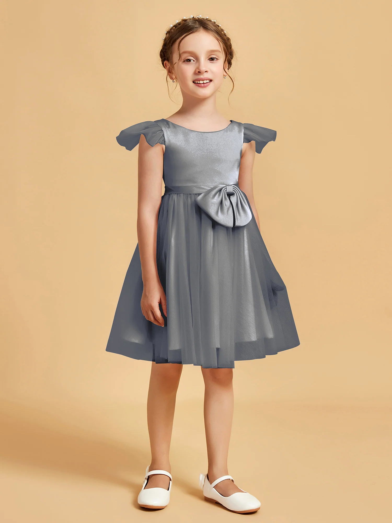 Flutter Sleeve Girl's Short Dress With Bow Steel Grey