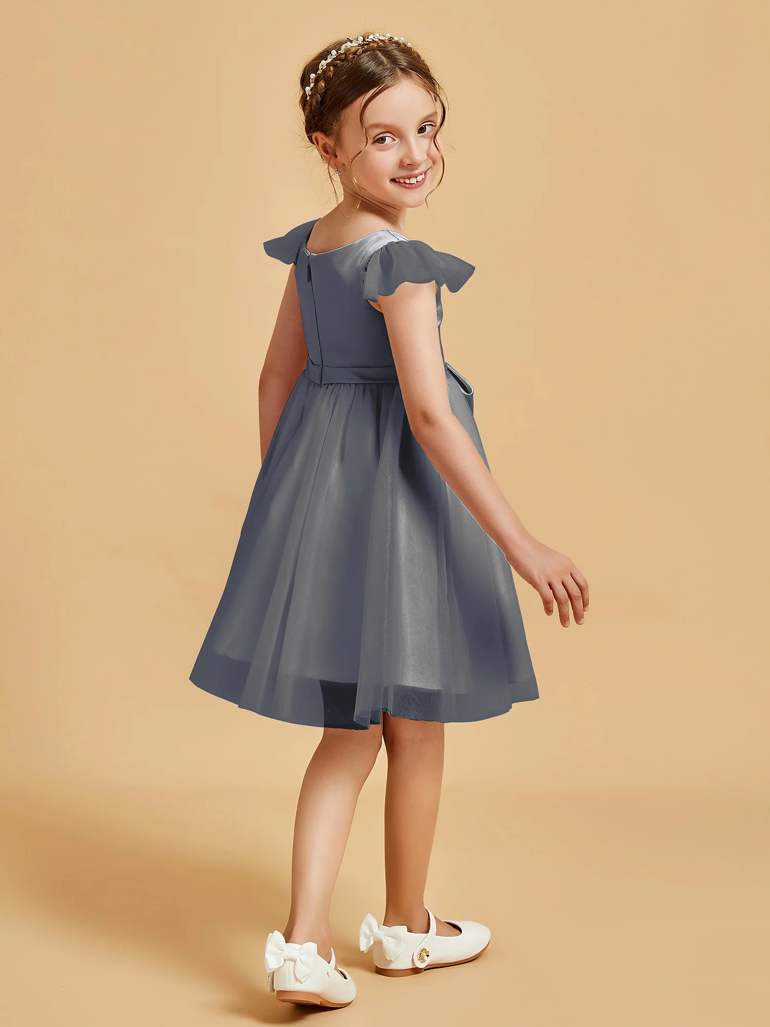 Flutter Sleeve Girl's Short Dress With Bow Steel Grey - Image 2
