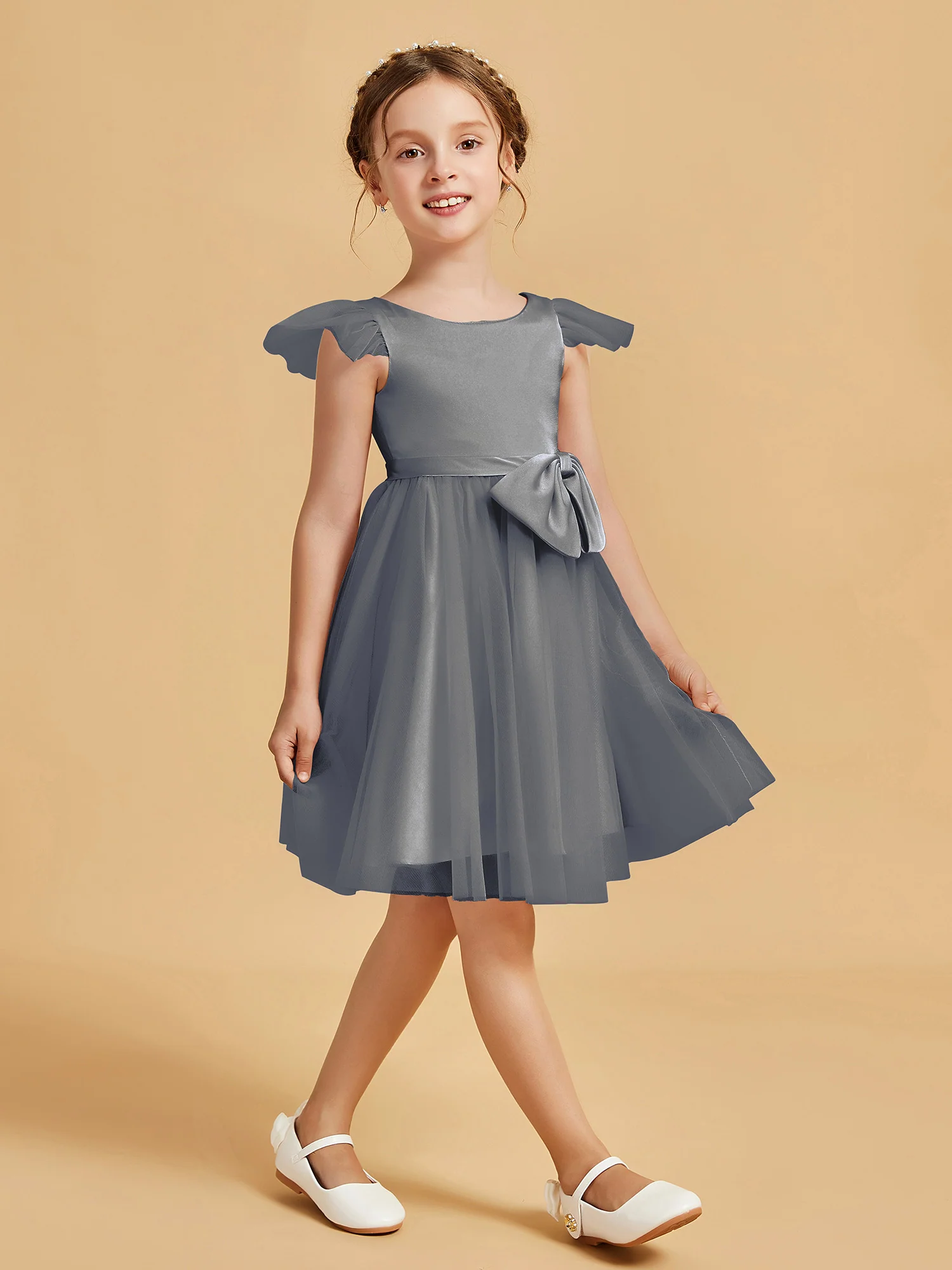 Flutter Sleeve Girl's Short Dress With Bow Steel Grey - Image 3