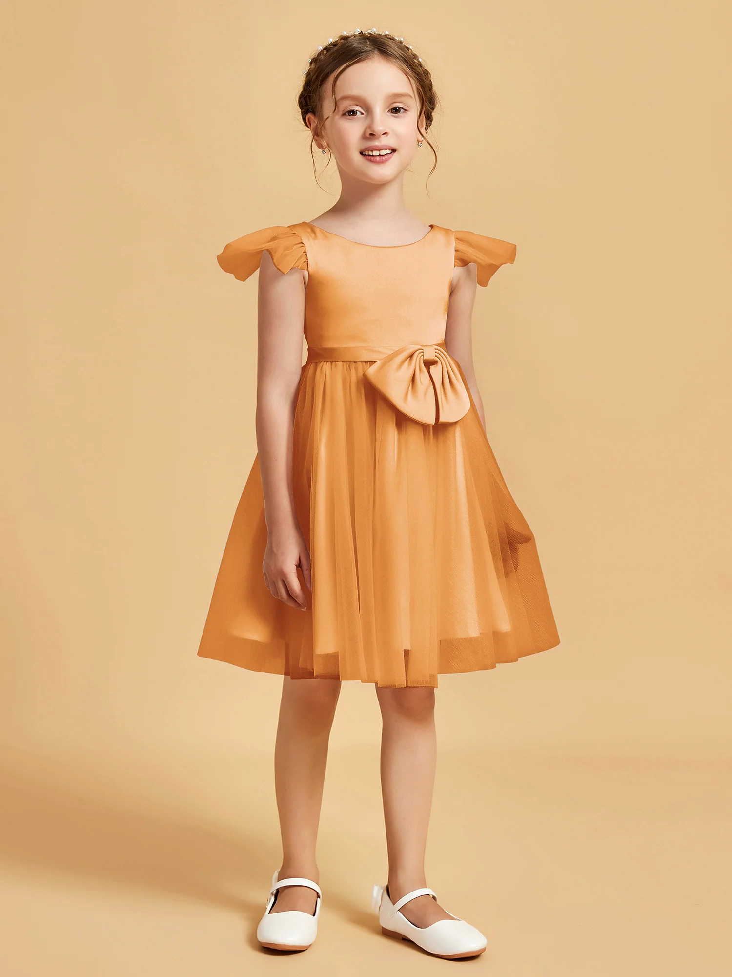Flutter Sleeve Girl's Short Dress With Bow Tangerine
