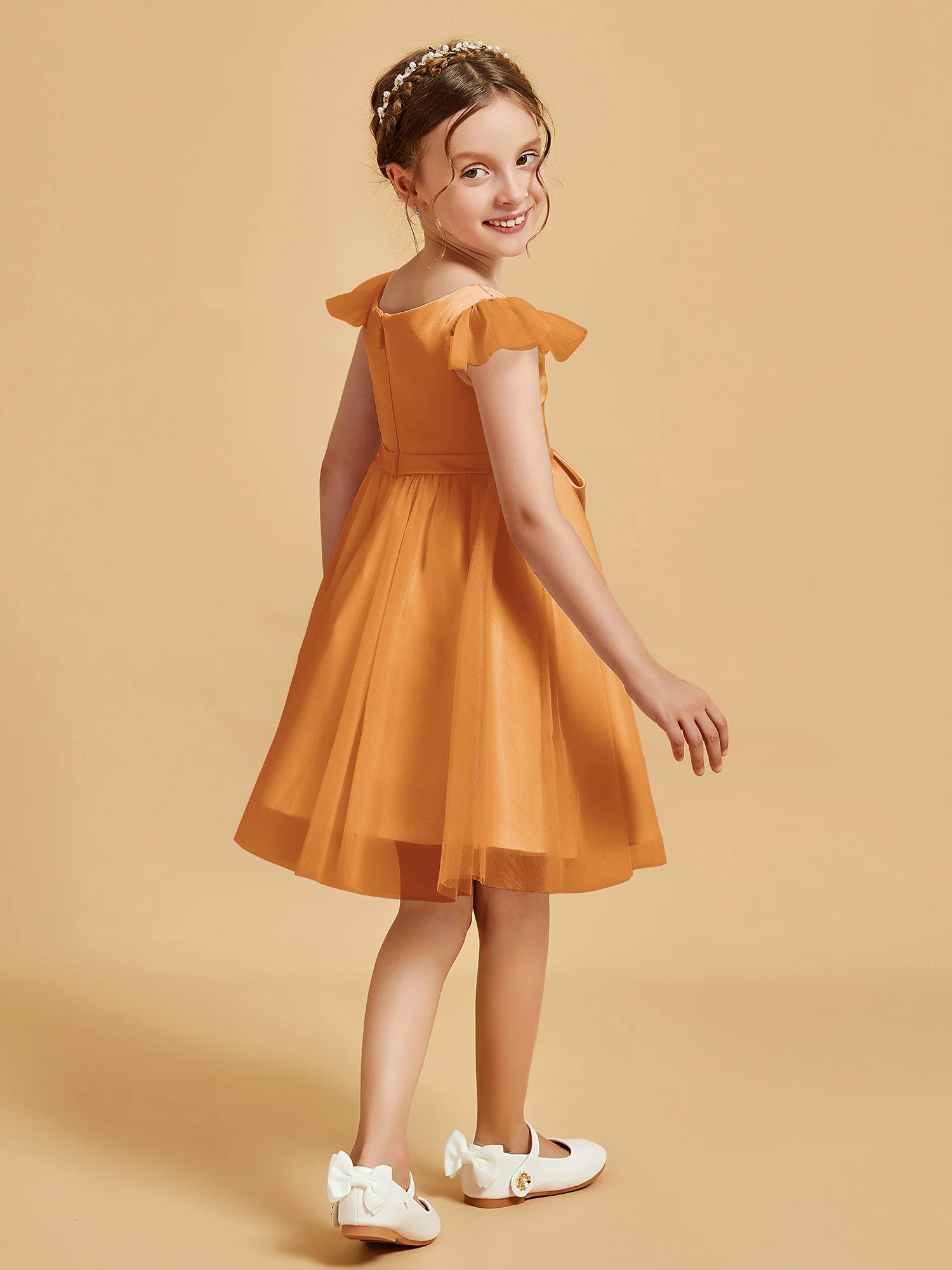 Flutter Sleeve Girl's Short Dress With Bow Tangerine - Image 2