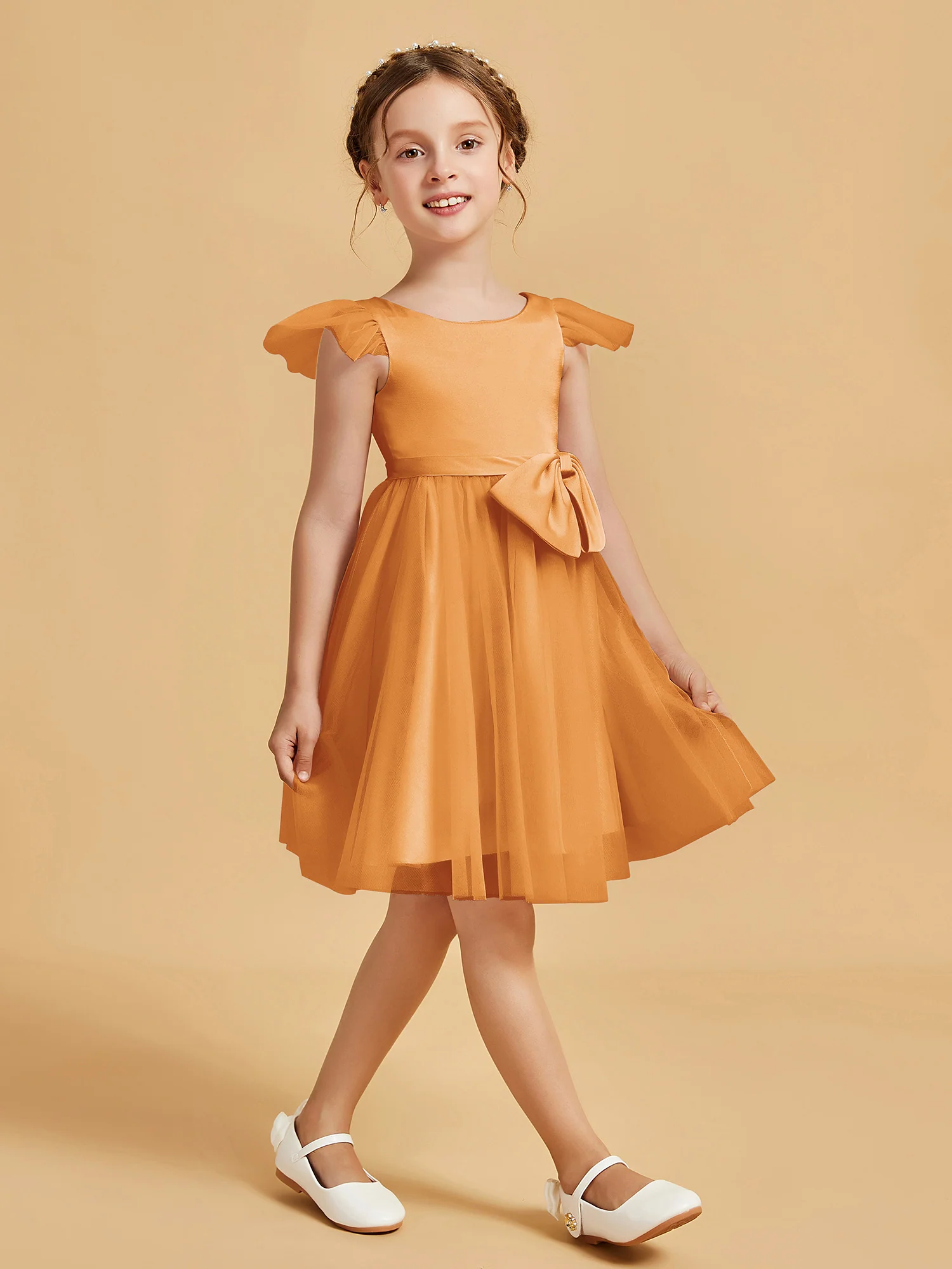 Flutter Sleeve Girl's Short Dress With Bow Tangerine - Image 3