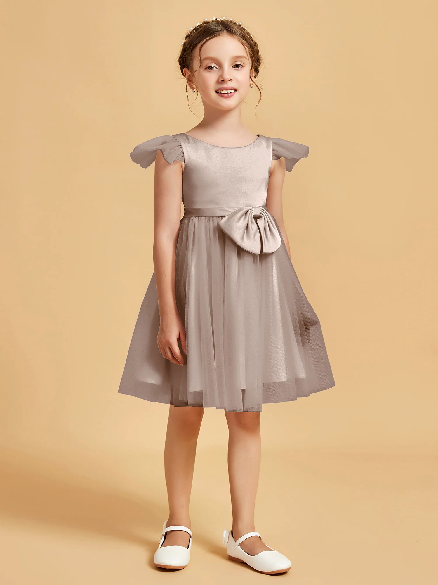 Flutter Sleeve Girl's Short Dress With Bow Taupe