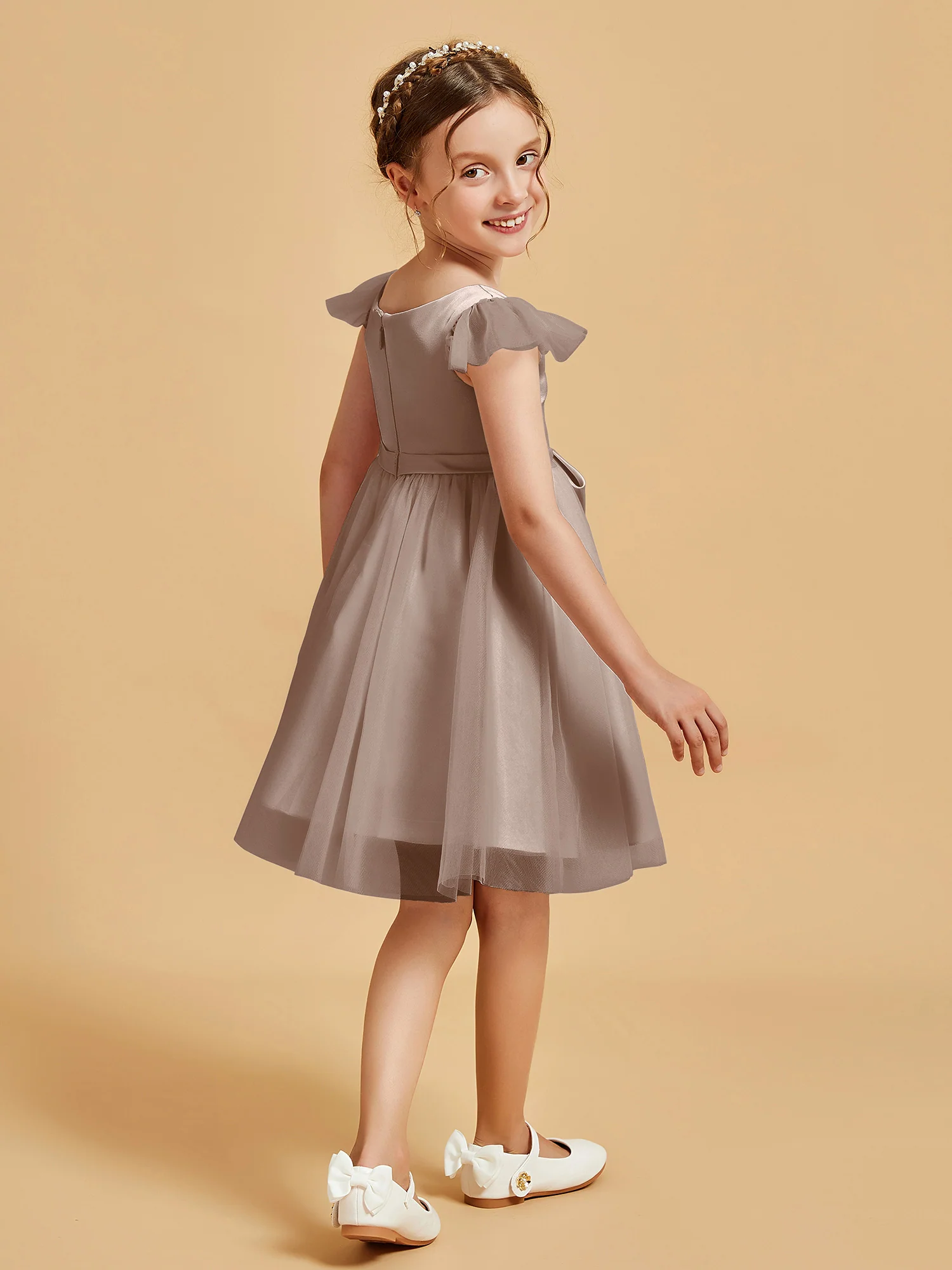 Flutter Sleeve Girl's Short Dress With Bow Taupe - Image 2