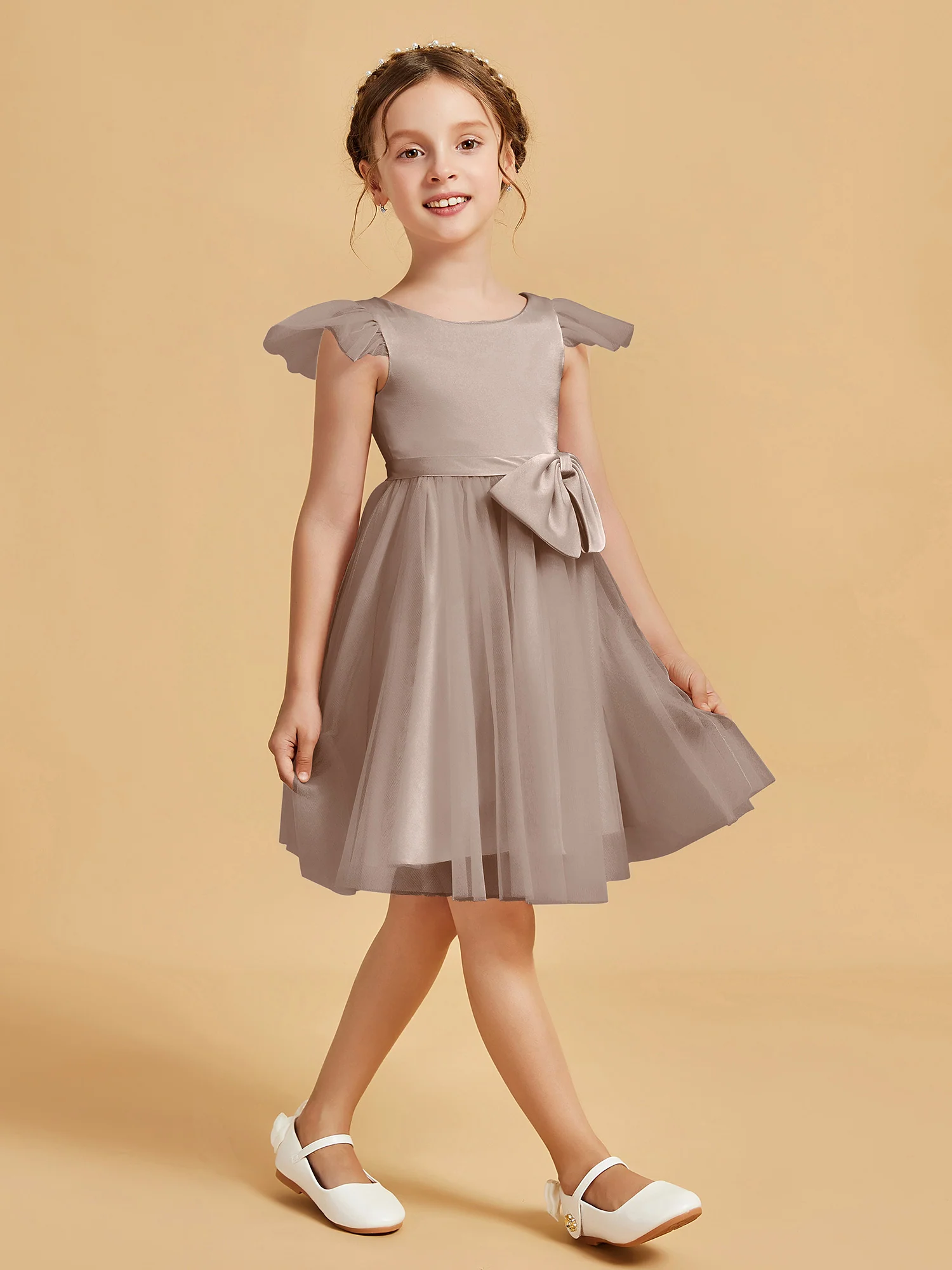 Flutter Sleeve Girl's Short Dress With Bow Taupe - Image 3