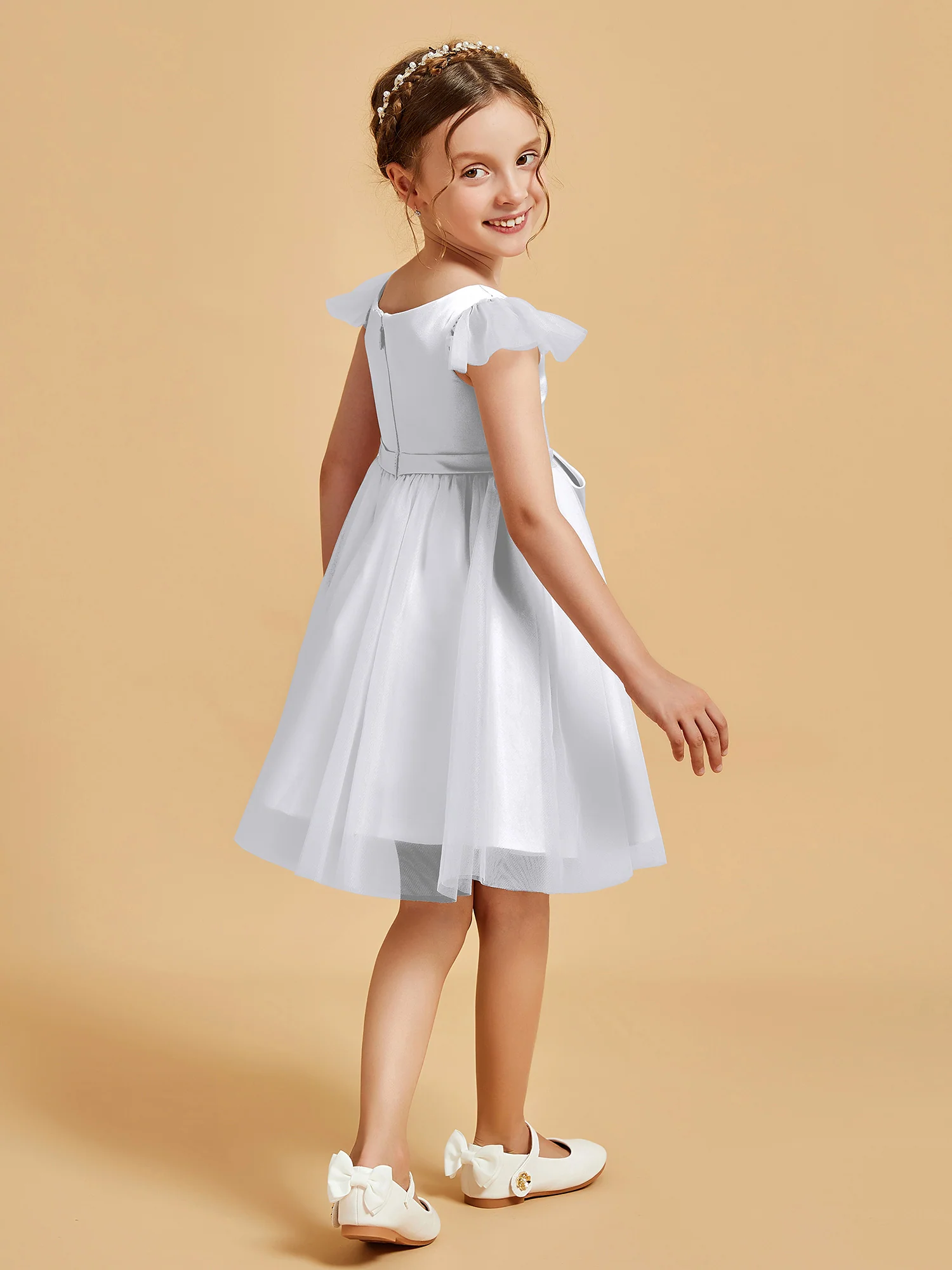 Flutter Sleeve Girl's Short Dress With Bow White - Image 2
