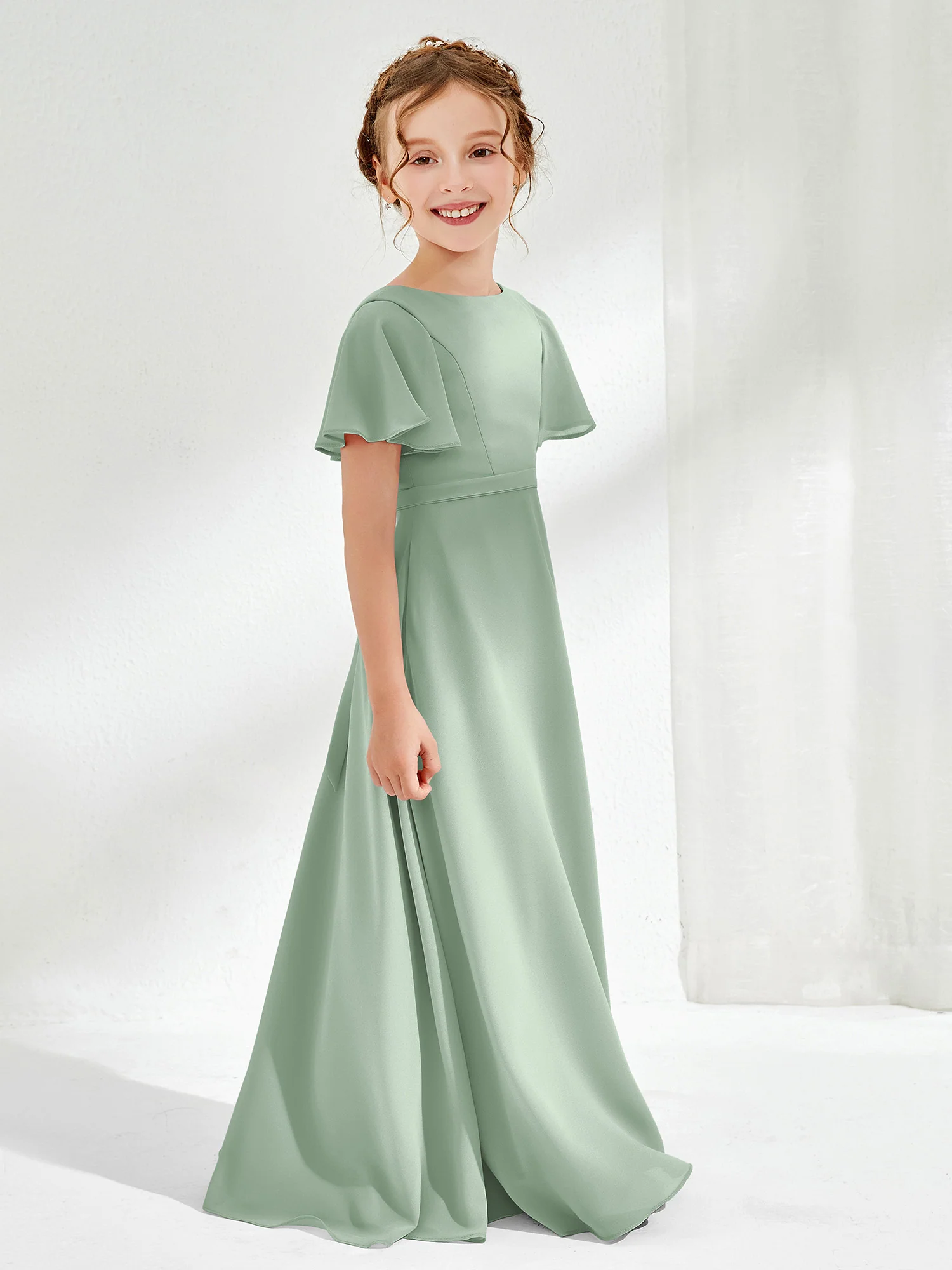 Flutter Sleeves A-line Chiffon Junior Bridesmaid Dress Agave - Image 3