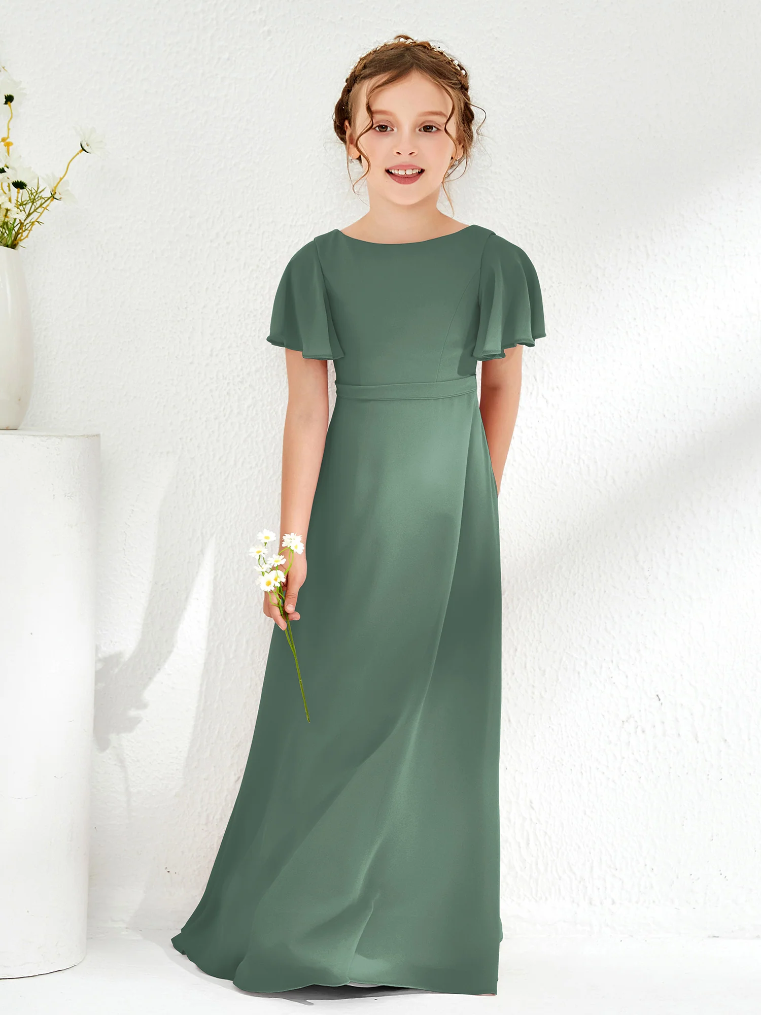 Flutter Sleeves A-line Chiffon Junior Bridesmaid Dress Eucalyptus