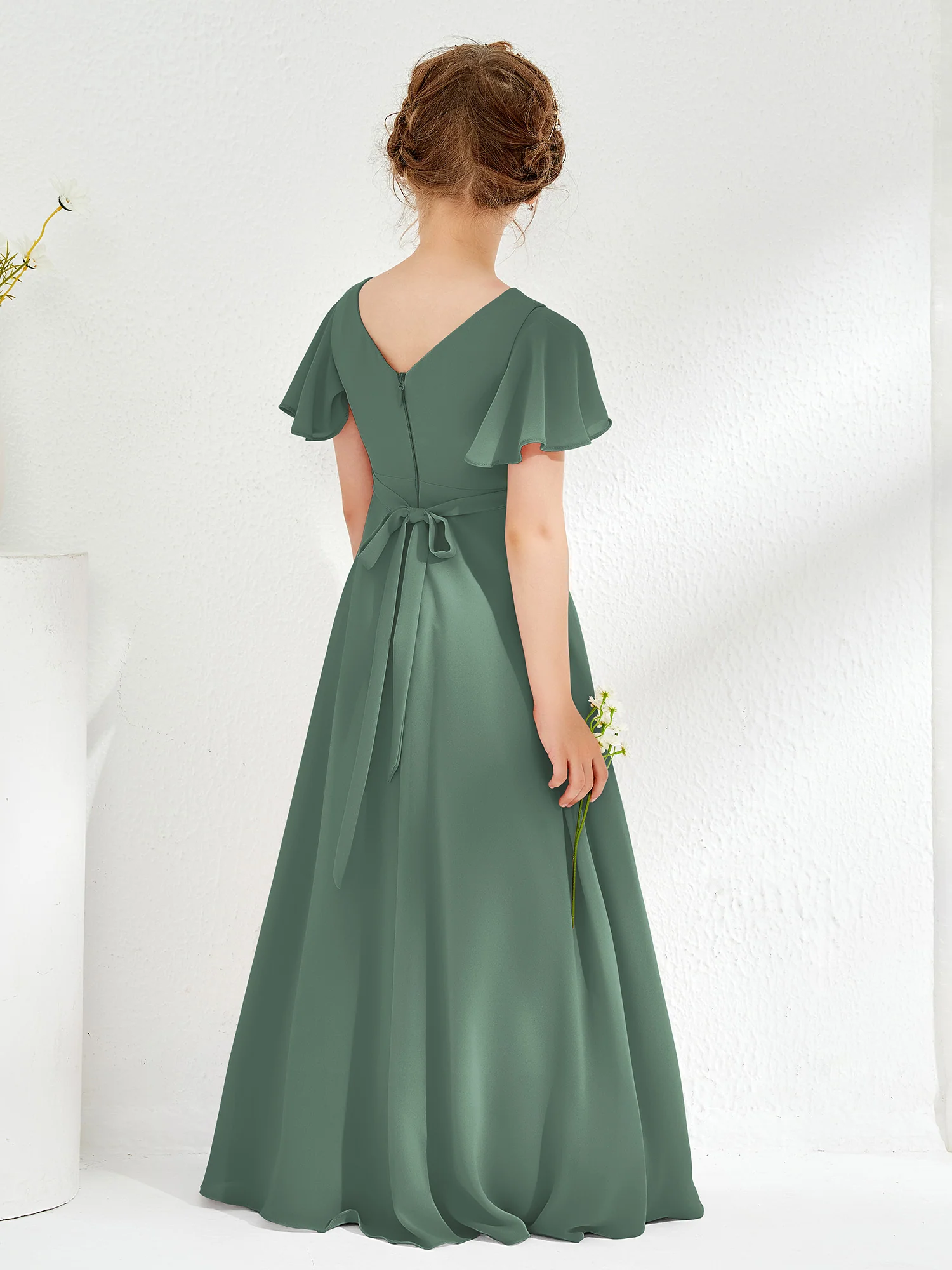 Flutter Sleeves A-line Chiffon Junior Bridesmaid Dress Eucalyptus - Image 2